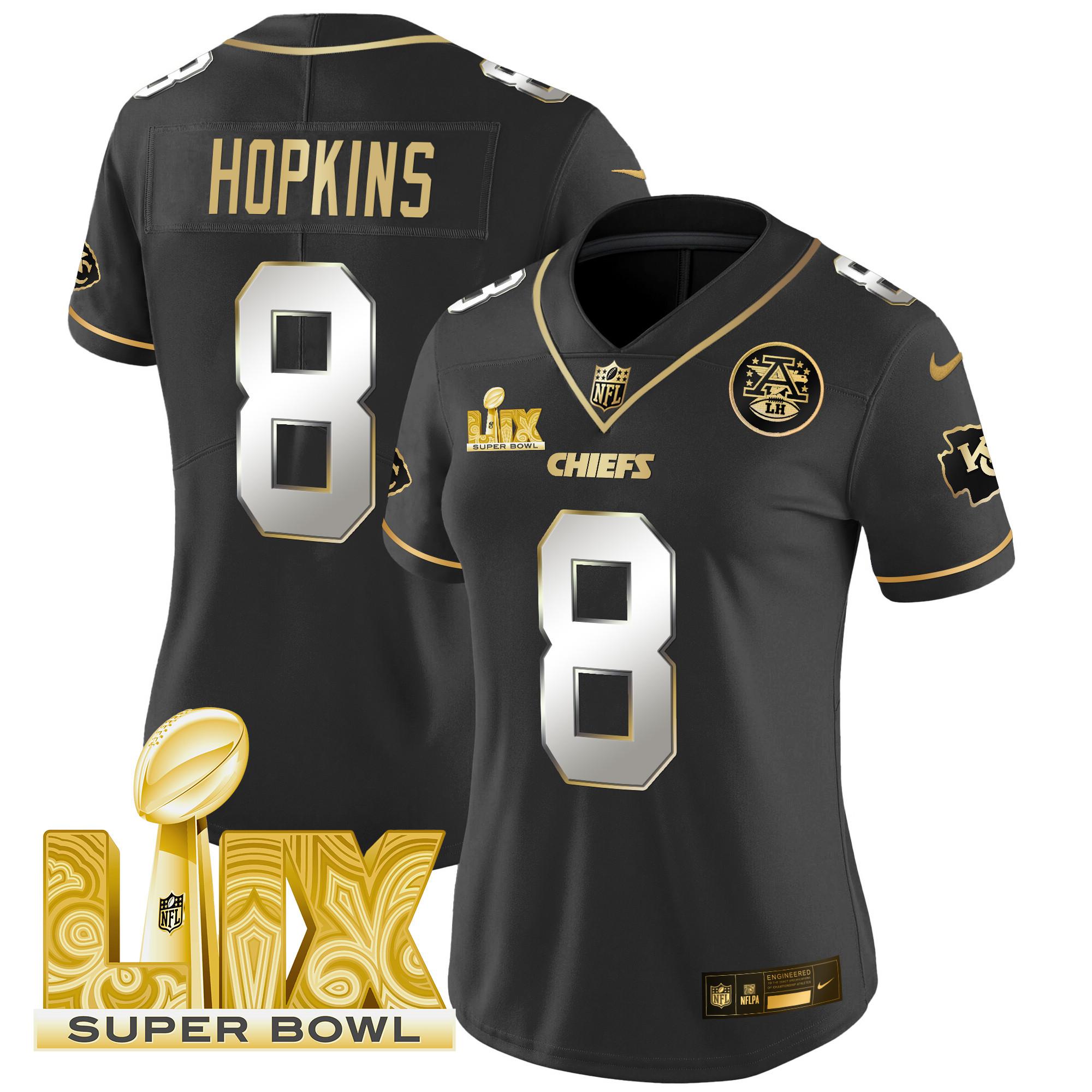 Women's DeAndre Hopkins Kansas City Chiefs Super Bowl LIX Patch Gold Vapor Limited Black Limited Jersey - All Stitched