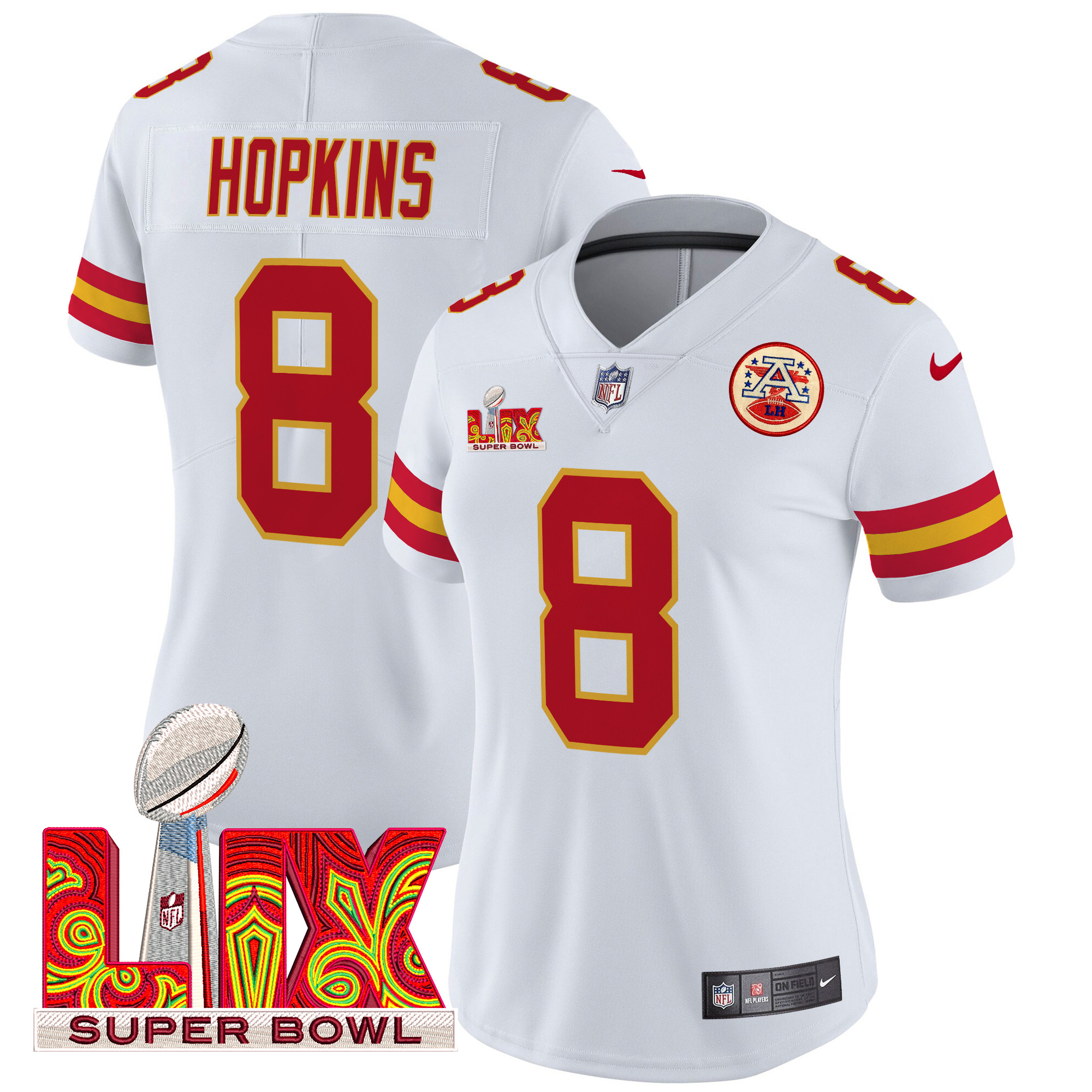 Women's DeAndre Hopkins Kansas City Chiefs Super Bowl LIX Patch Vapor Limited White Jersey - All Stitched