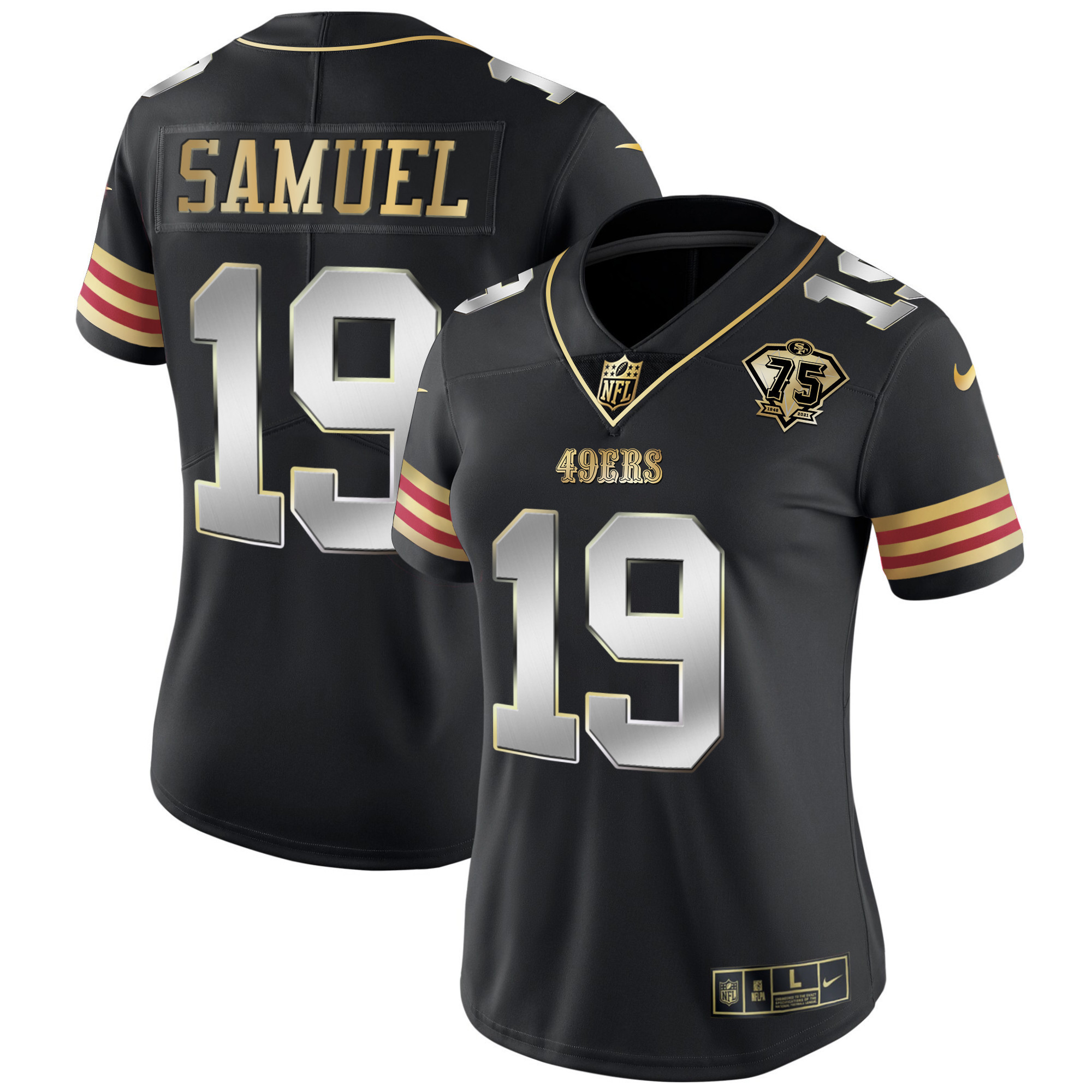 Women's Deebo Samuel San Francisco 49ers 75th Anniversary Patch Vapor Gold Black Limited Jersey V2 - All Stitched