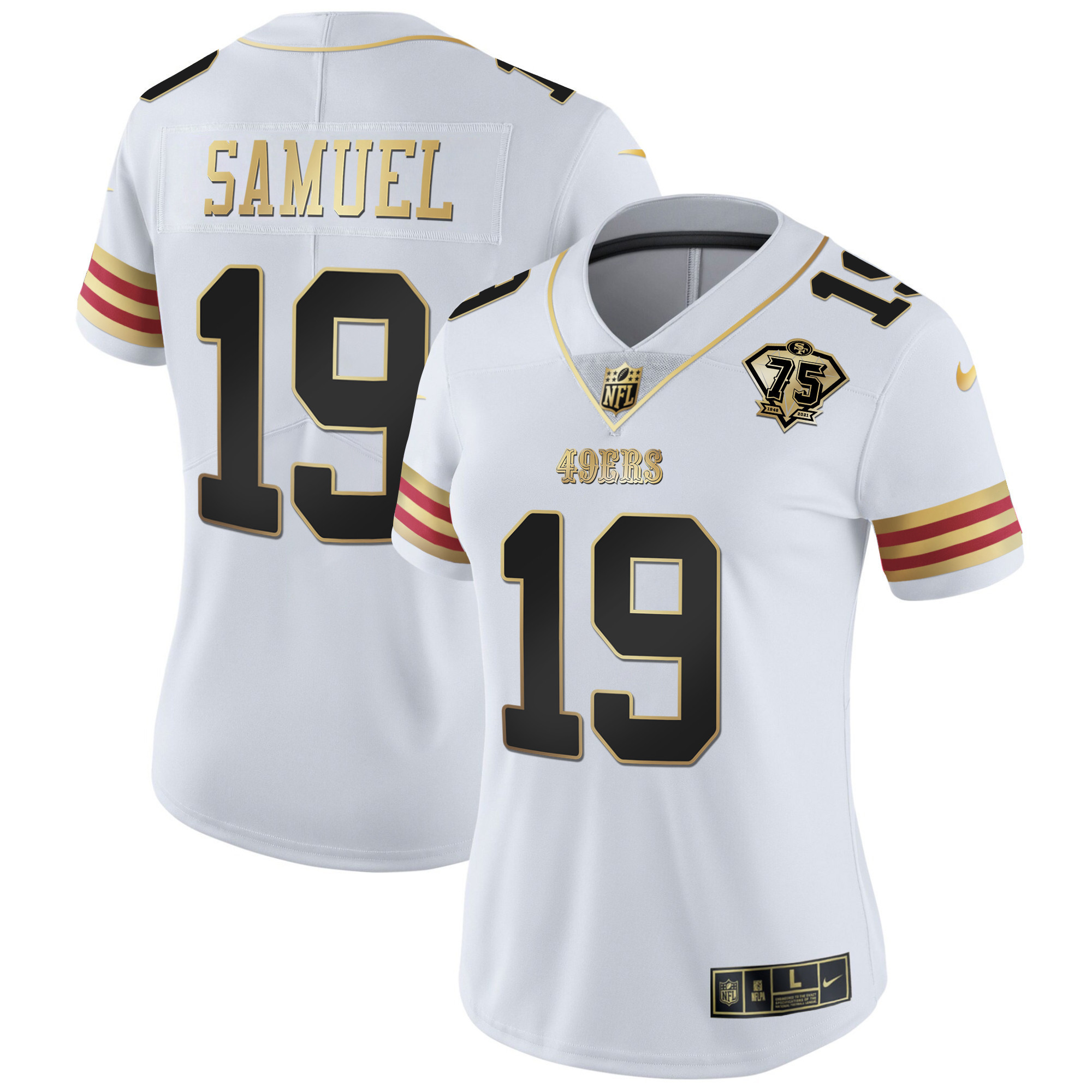 Women's Deebo Samuel San Francisco 49ers 75th Anniversary Patch Vapor Gold White Gold Jersey V2 - All Stitched