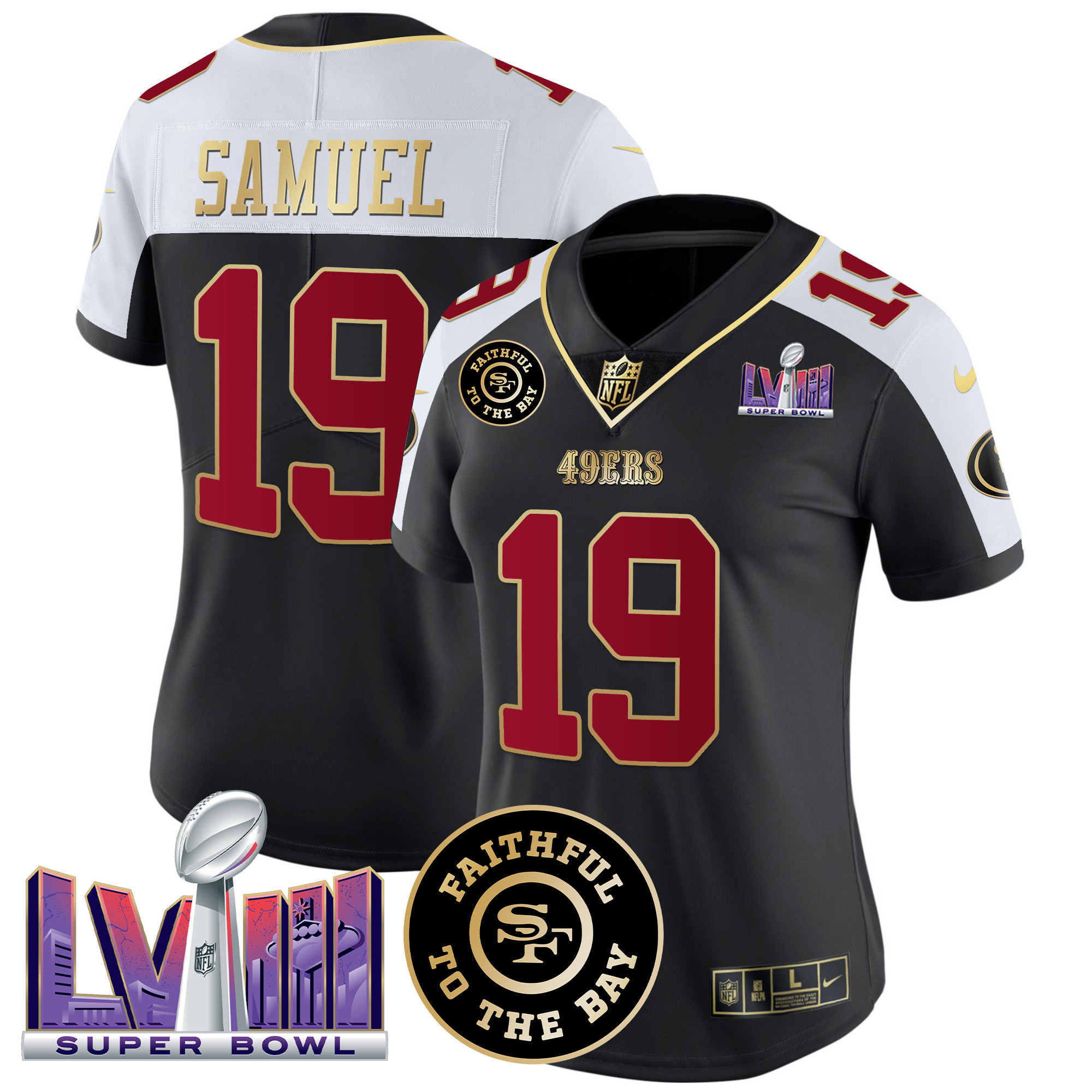 Women's Deebo Samuel San Francisco 49ers Faithful & Super Bowl LVIII Patch Vapor Black Alternate Jersey - All Stitched - Image 1