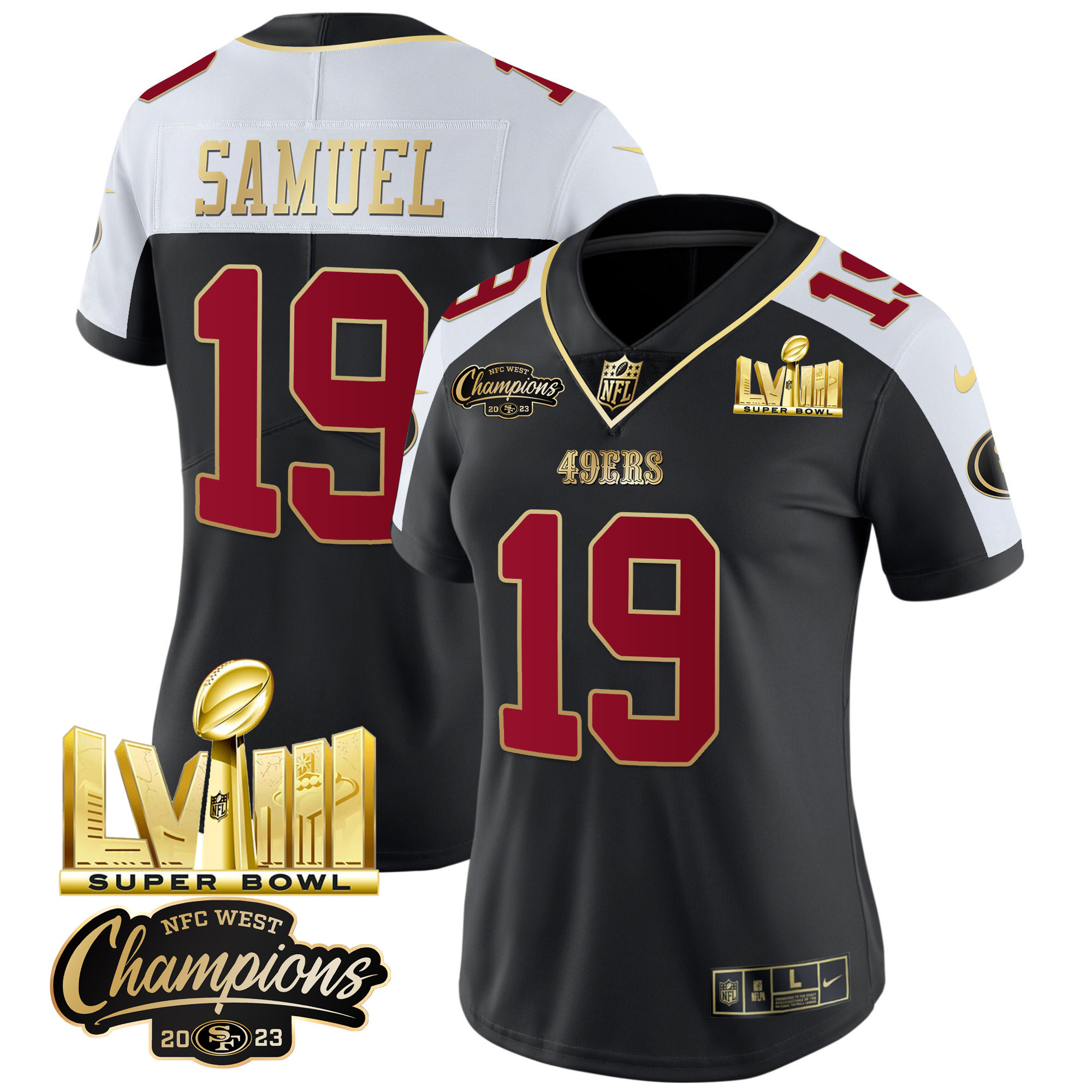 Women's Deebo Samuel San Francisco 49ers NFC West Champions & Super Bowl LVIII Gold Patch Vapor Black Alternate Jersey V2 - All Stitched