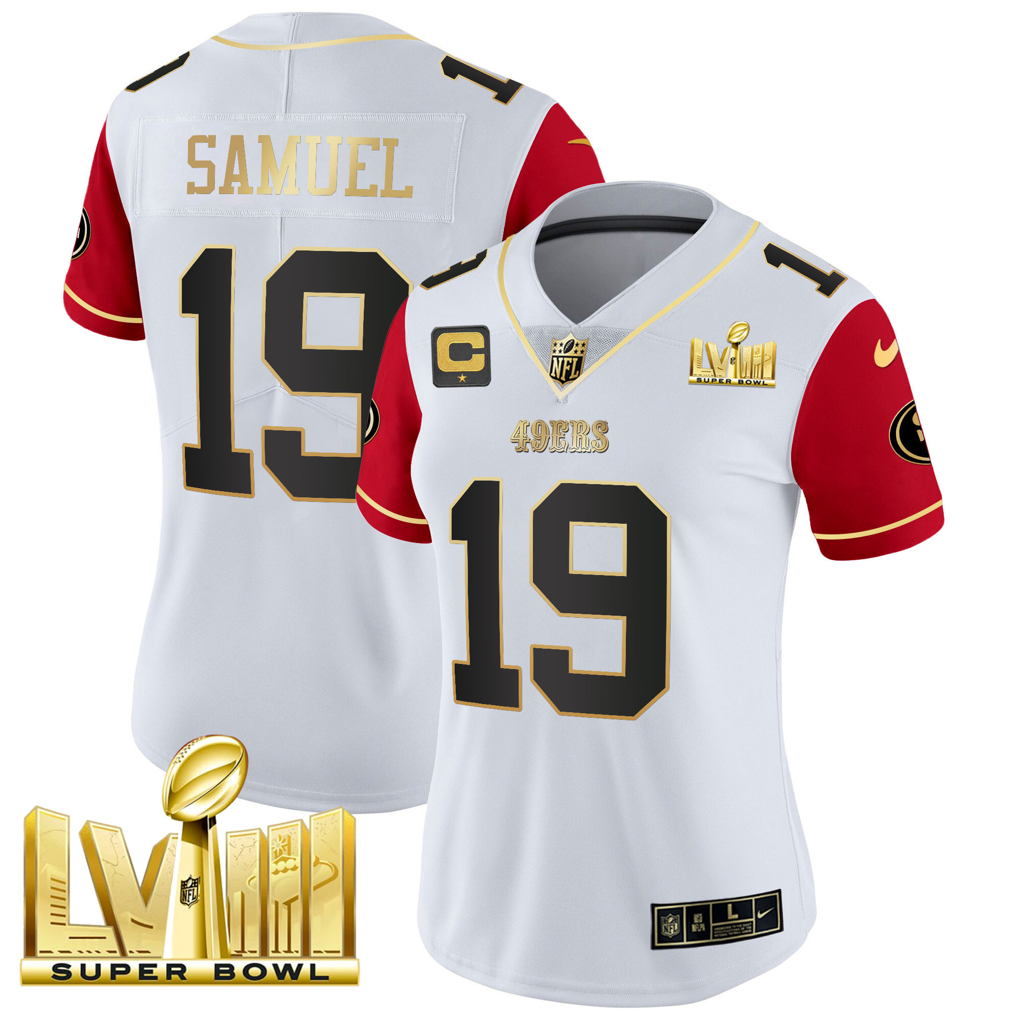Women's Deebo Samuel San Francisco 49ers Super Bowl LVIII Gold Patch Vapor Color Sleeves Jersey V2 - All Stitched