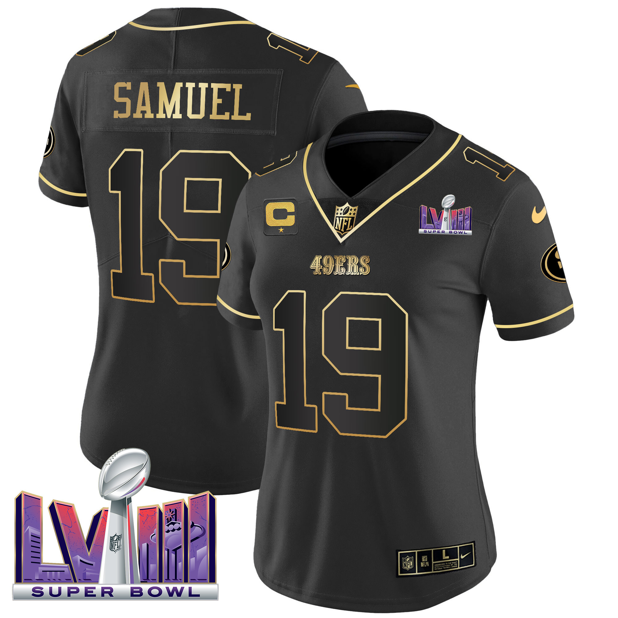 Women's Deebo Samuel San Francisco 49ers Super Bowl LVIII Patch Vapor Black Gold Jersey V2 - All Stitched