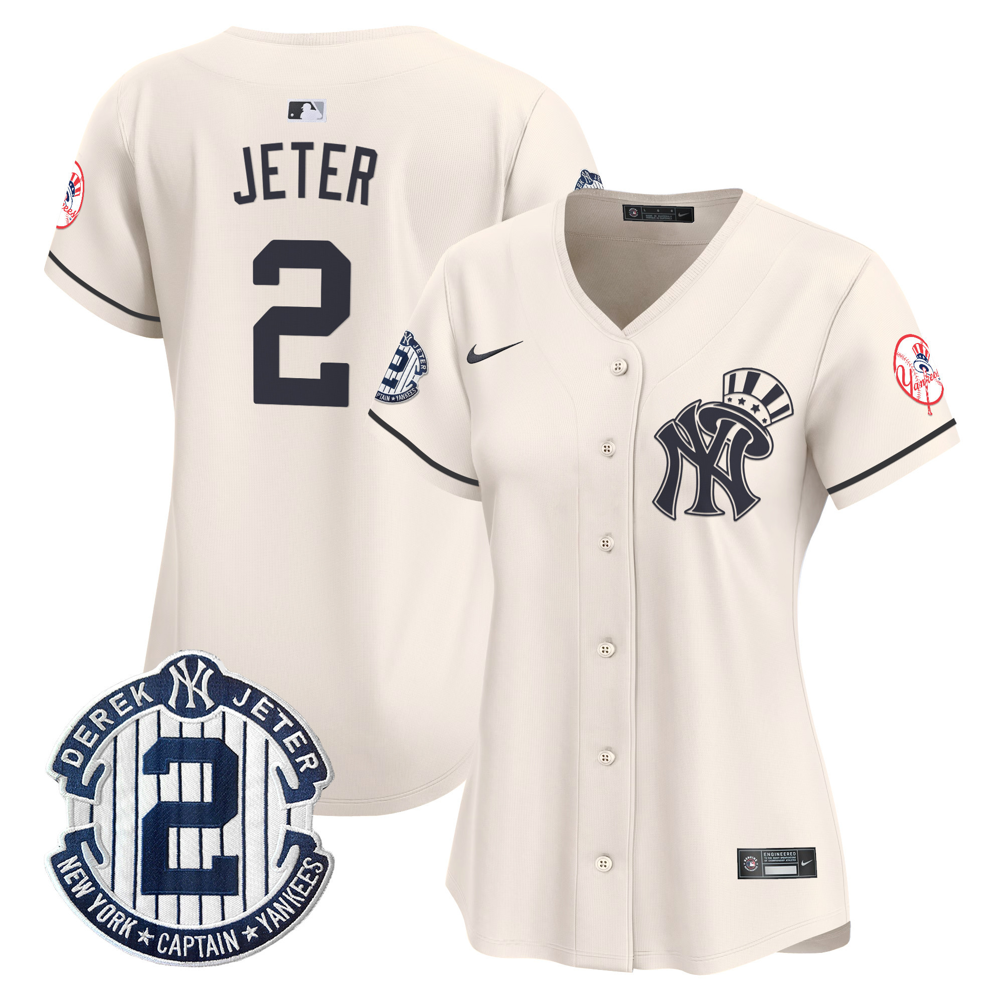 Women's Derek Jeter New York Yankees Derek Jeter Patch Vapor Premier Limited Cream Jersey V2 - All Stitched