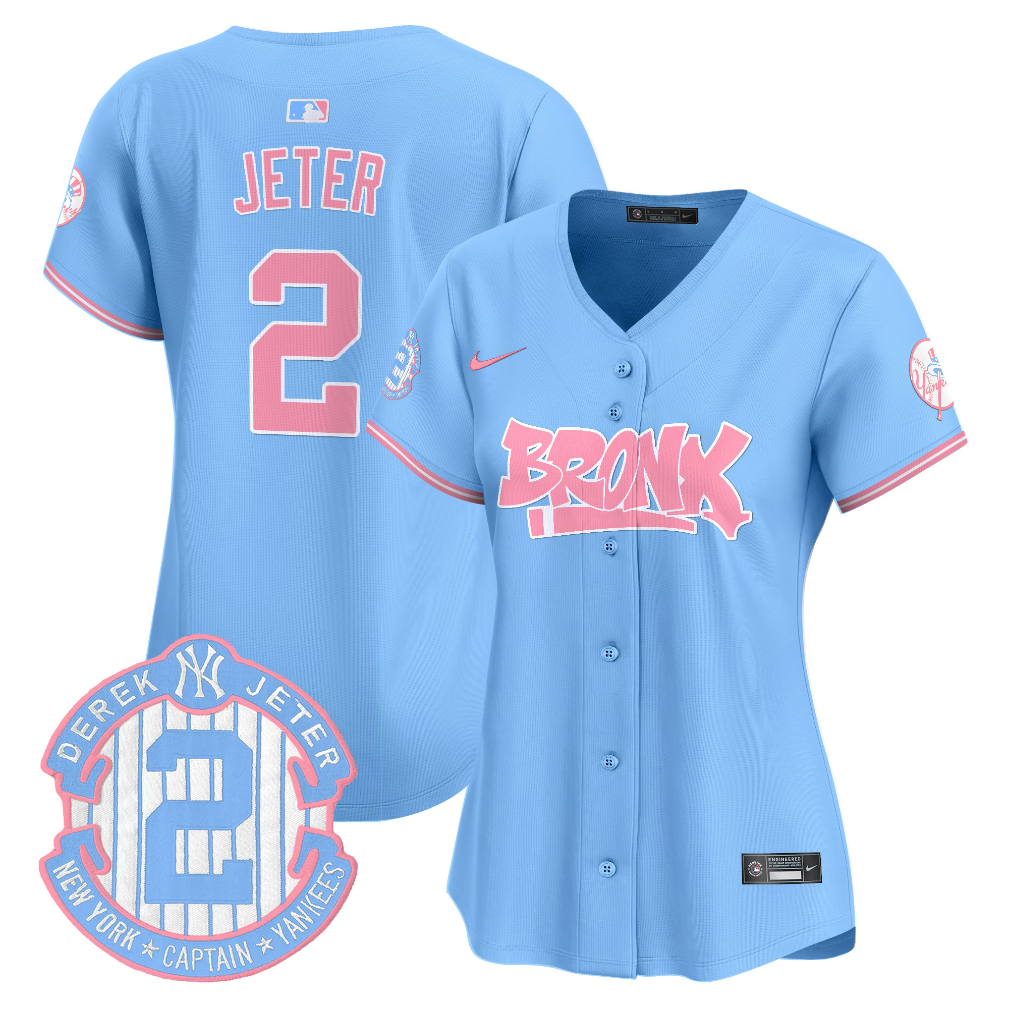 Women's Derek Jeter New York Yankees The Bronx Graffiti Bubblegum Pink Vapor Premier Limited Light Blue Jersey - All Stitched