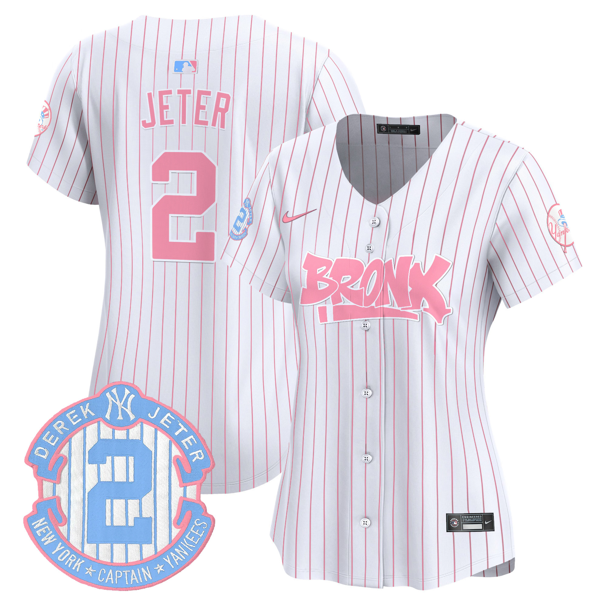 Women's Derek Jeter New York Yankees The Bronx Graffiti Bubblegum Pink Vapor Premier Limited Pinstripe Jersey - All Stitched