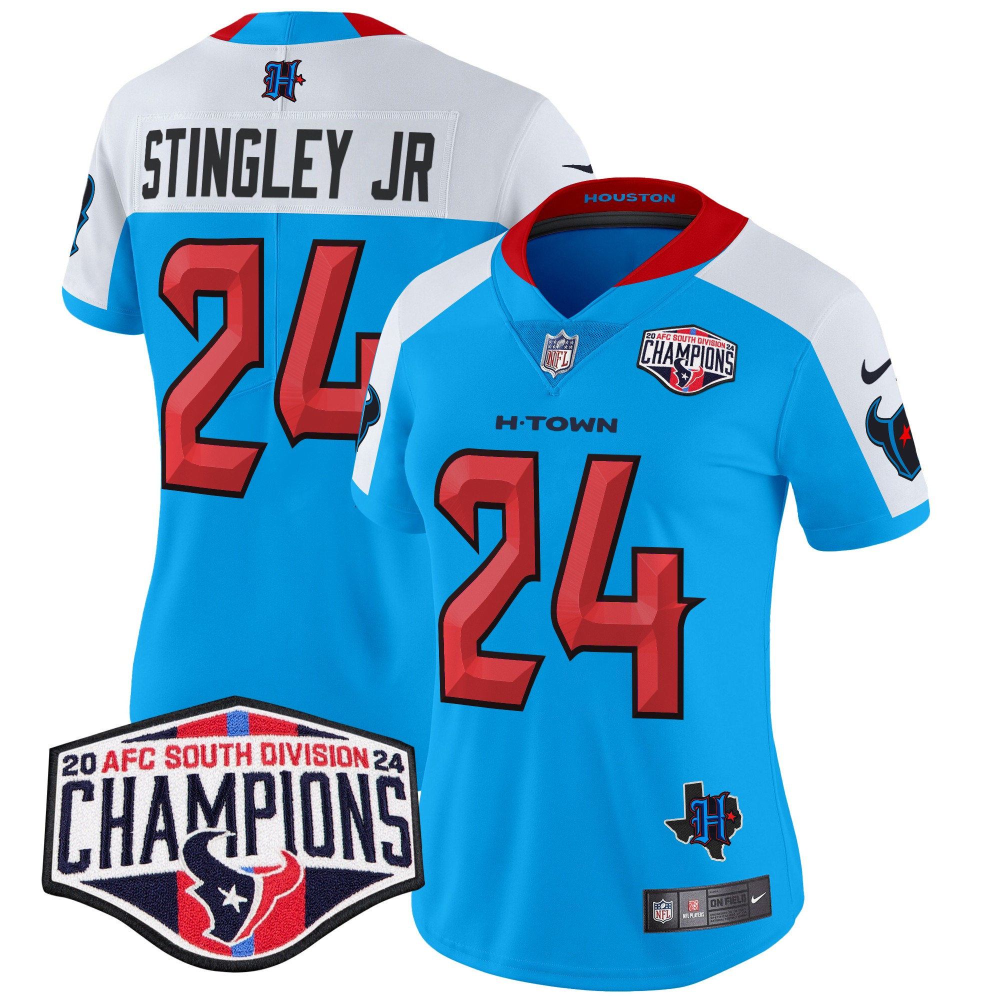 Women's Derek Stingley Jr. Houston Texans 2024 AFC South Division Champions Patch Vapor Limited Blue Alternate Jersey - All Stitched