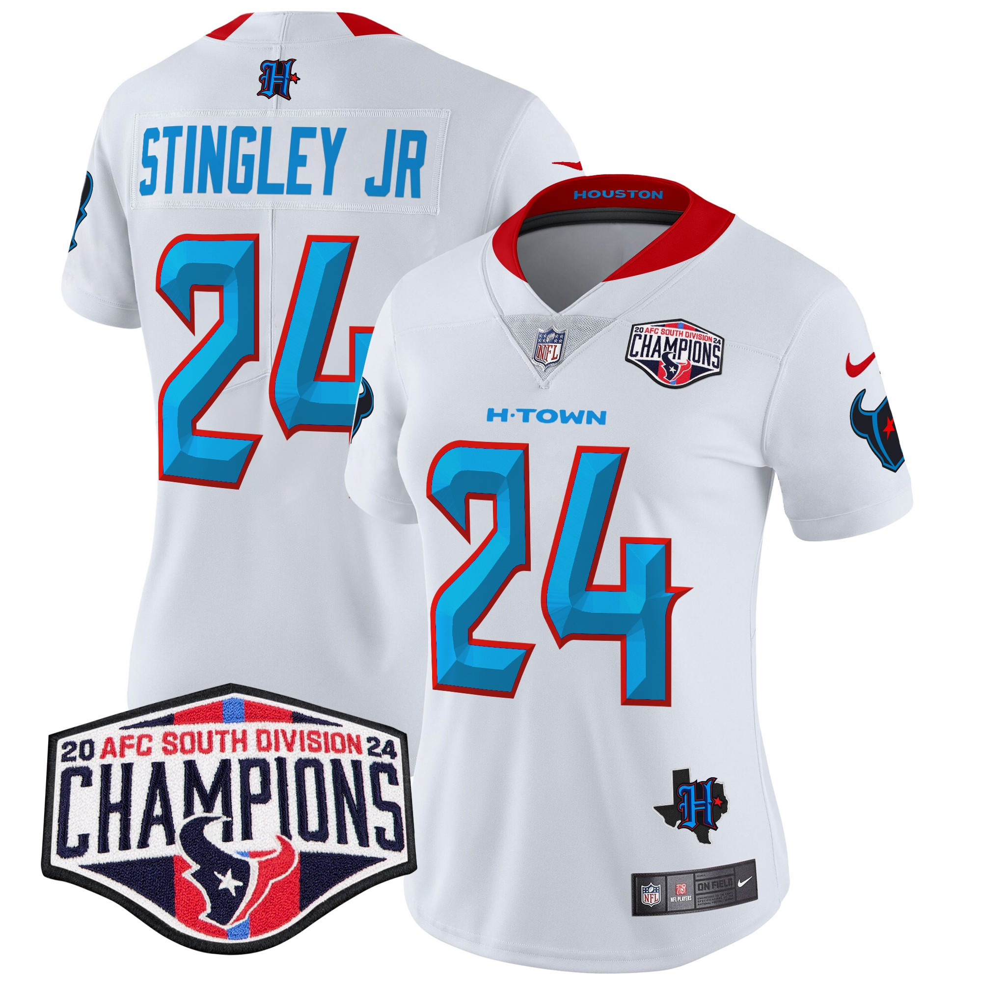Women's Derek Stingley Jr. Houston Texans 2024 AFC South Division Champions Patch Vapor Limited White Jersey - All Stitched