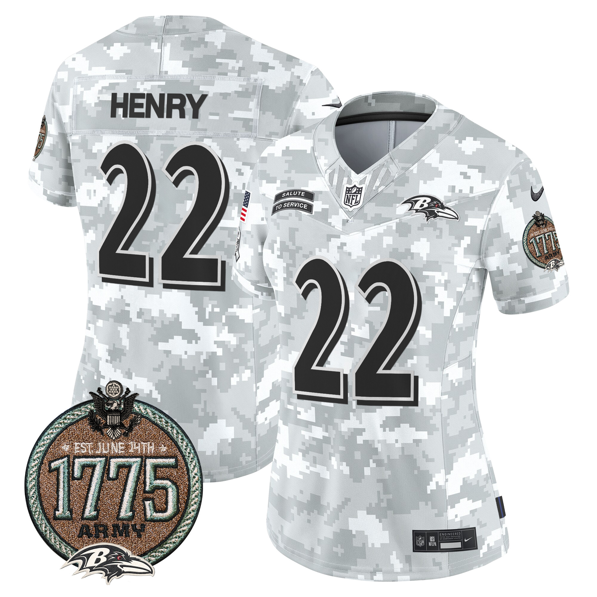 Women's Derrick Henry Baltimore Ravens 2024 Salute to Service Establishment Year Patch Vapor Limited Army Jersey - All Stitched
