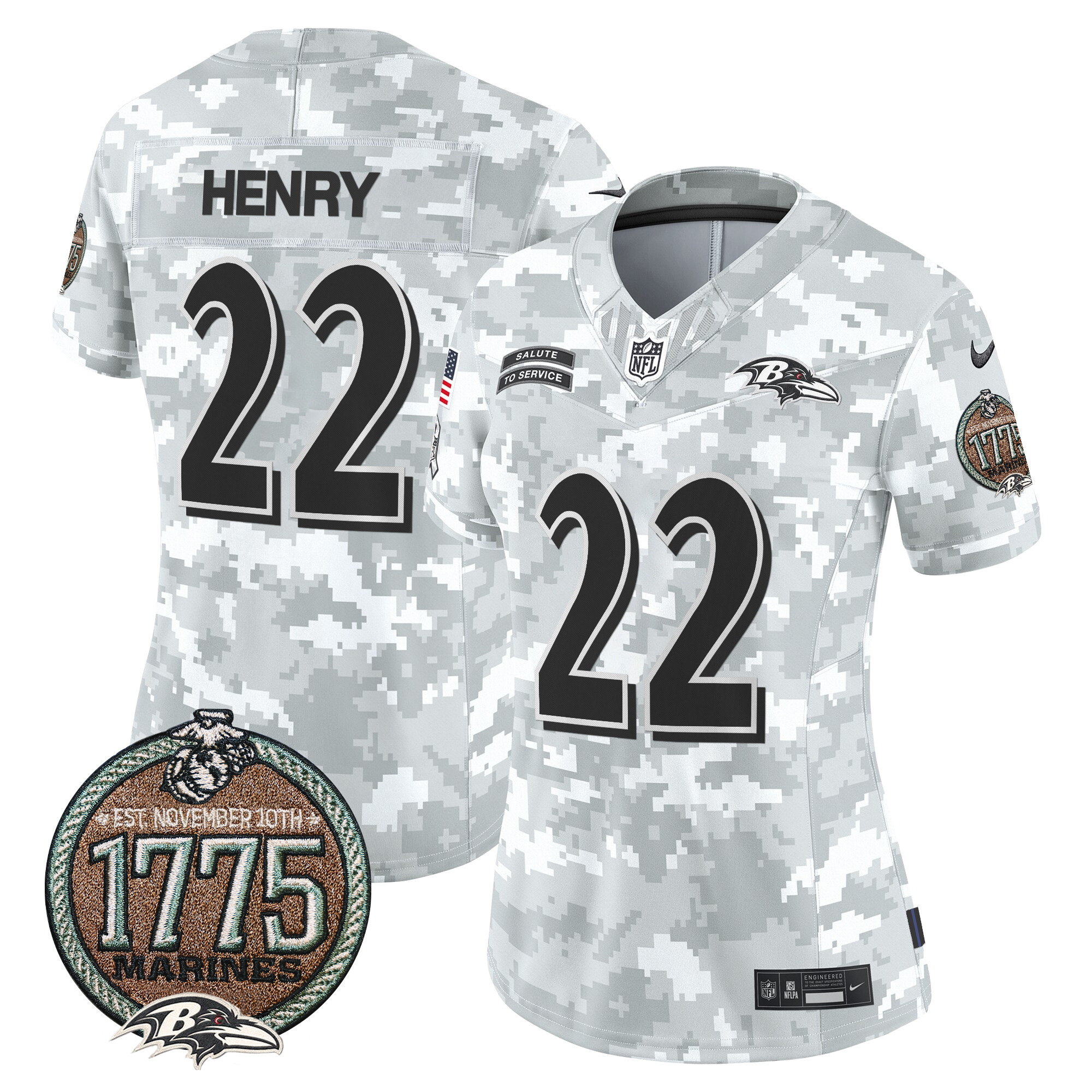 Women's Derrick Henry Baltimore Ravens 2024 Salute to Service Establishment Year Patch Vapor Limited Marines Jersey - All Stitched