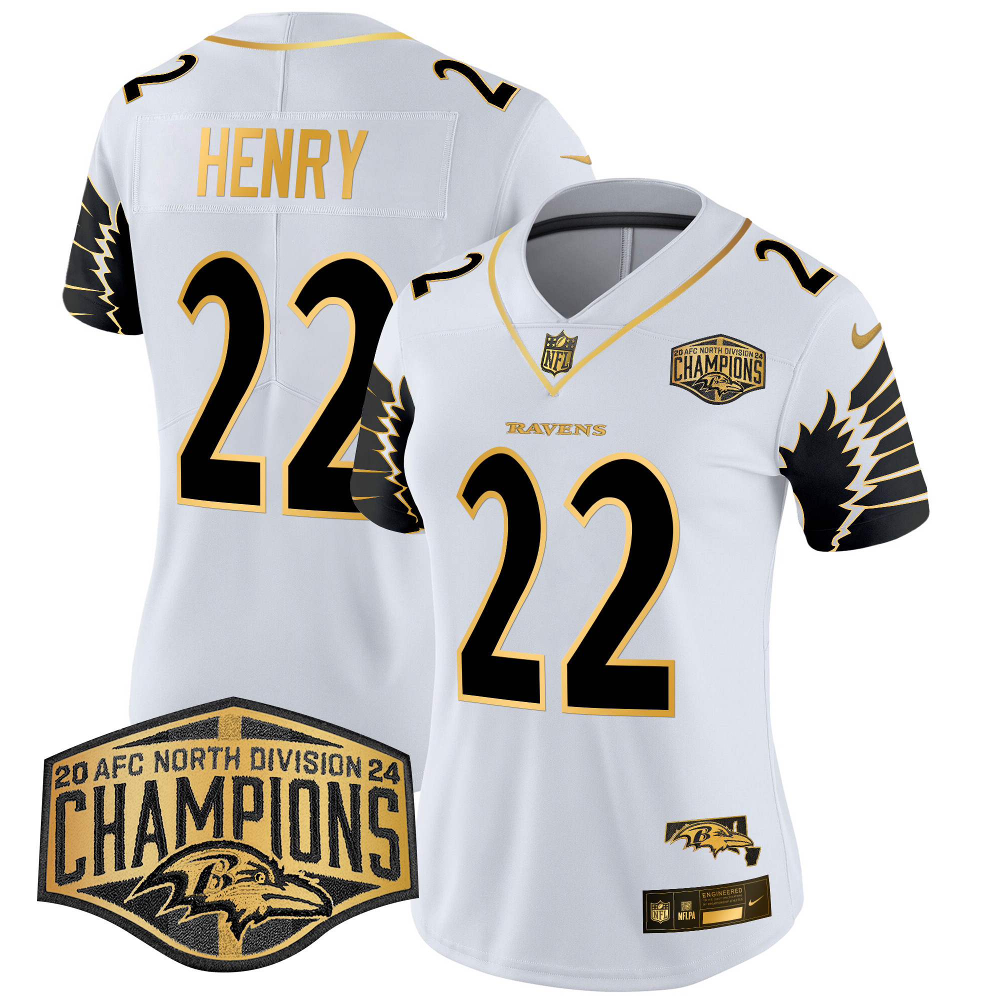 Women's Derrick Henry Baltimore Ravens Maryland 2024 AFC North Division Champions Patch Gold Vapor Limited White Gold Jersey - All Stitched