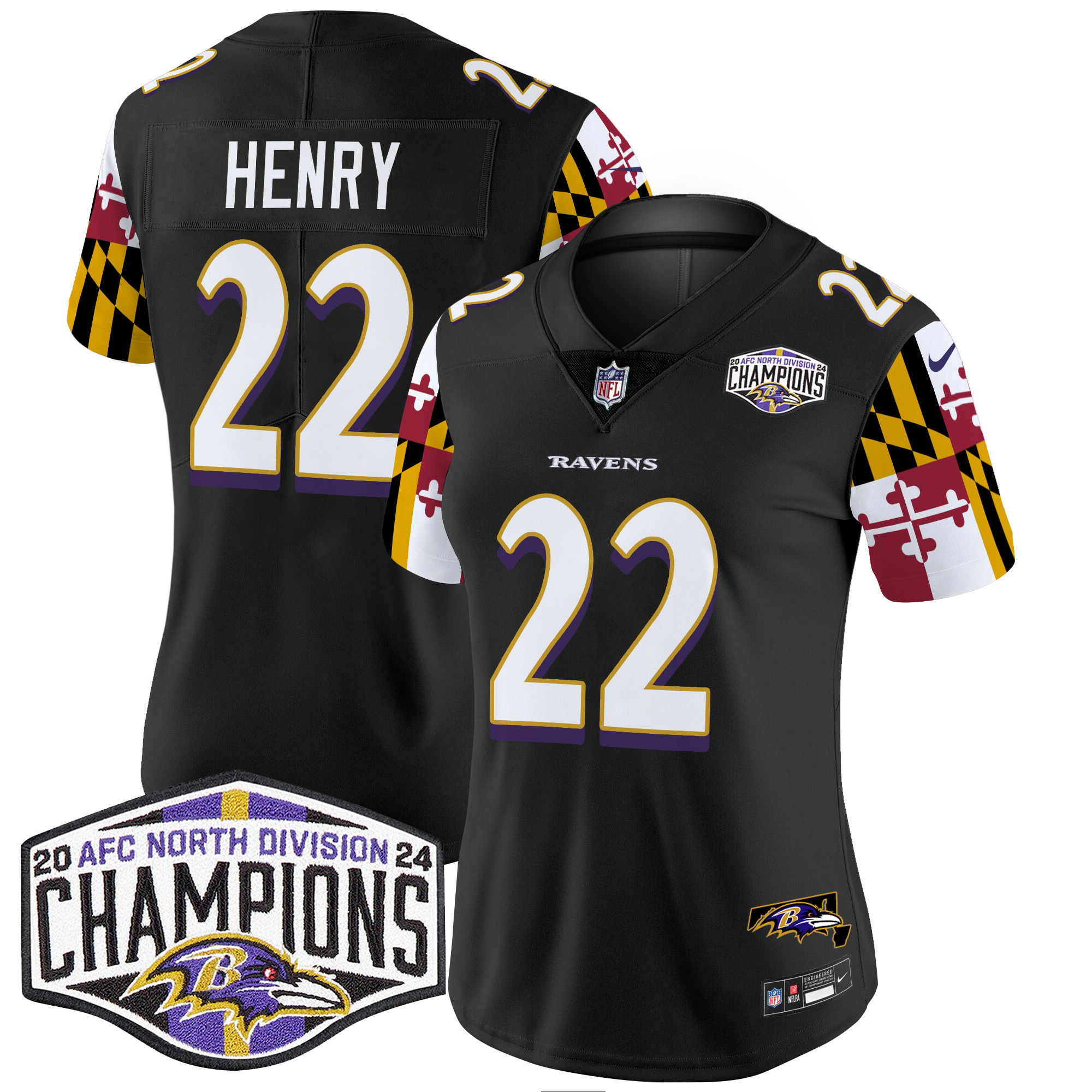 Women's Derrick Henry Baltimore Ravens Maryland Flag 2024 AFC North Division Champions Patch Vapor Limited Black Jersey - All Stitched
