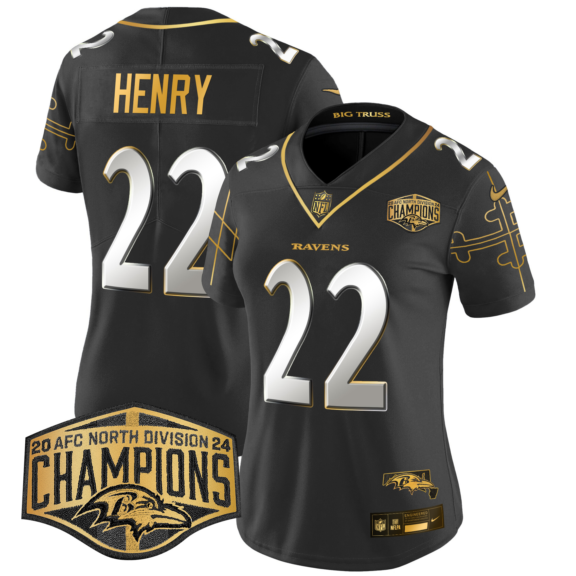 Women's Derrick Henry Baltimore Ravens Maryland Flag Map 2024 AFC North Division Champions Patch Gold Vapor Limited Black Limited Jersey - All Stitched