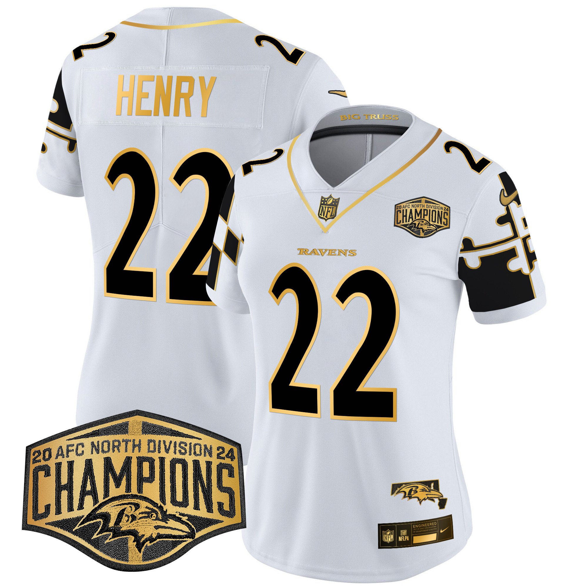 Women's Derrick Henry Baltimore Ravens Maryland Flag Map 2024 AFC North Division Champions Patch Gold Vapor Limited White Gold Jersey - All Stitched