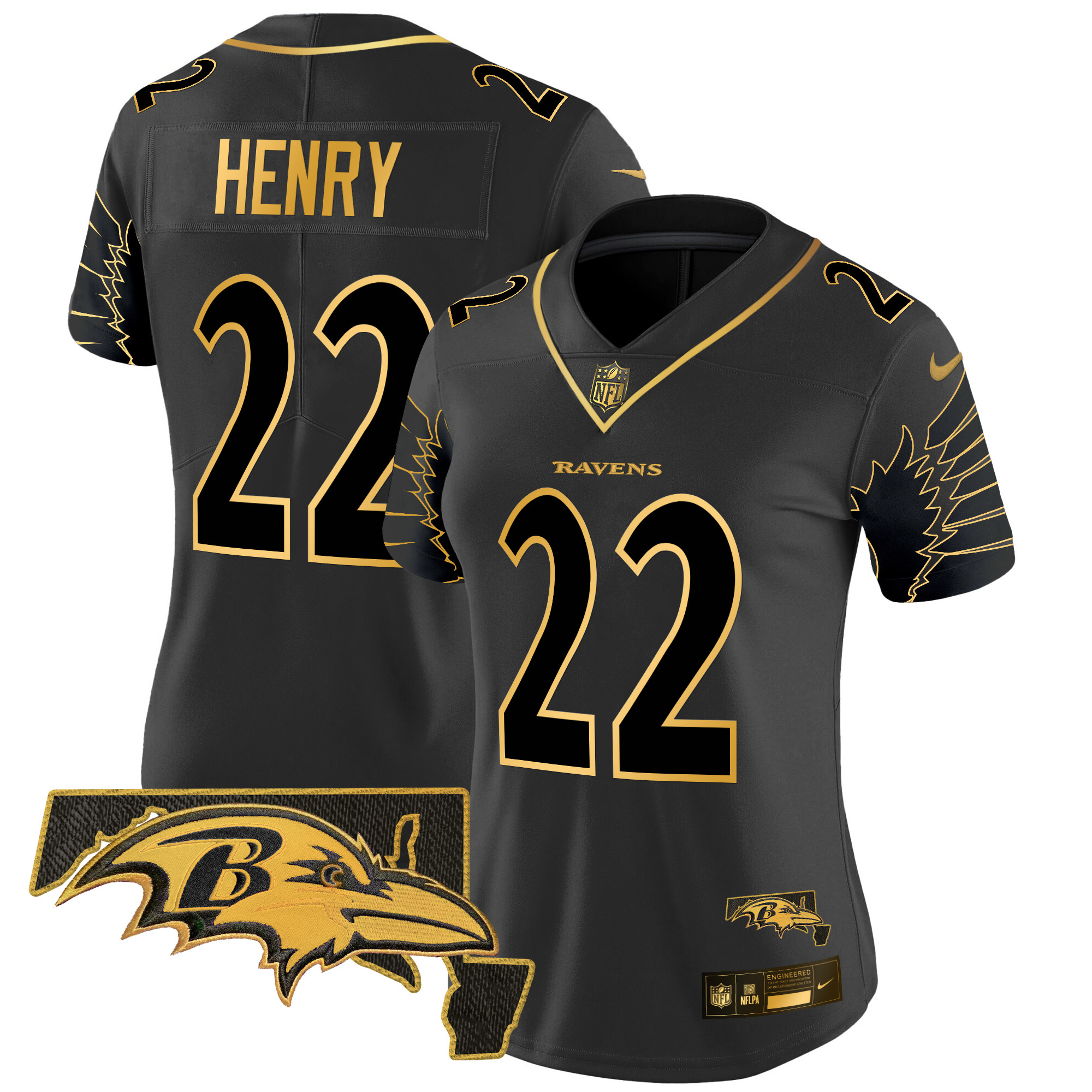 Women's Derrick Henry Baltimore Ravens Maryland Patch Gold Vapor Limited Black Gold Jersey - All Stitched