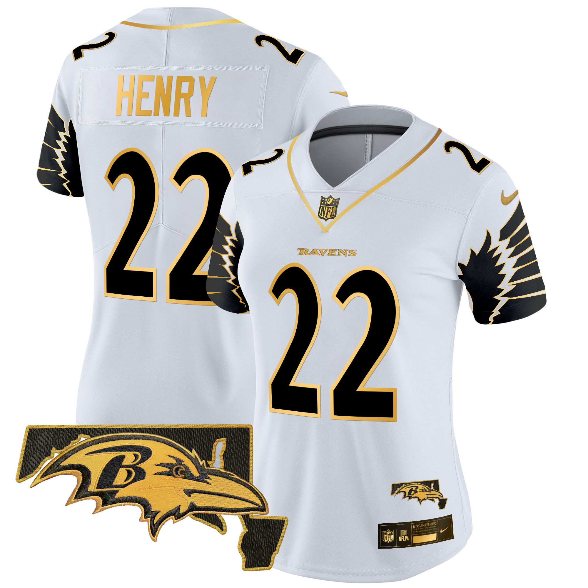 Women's Derrick Henry Baltimore Ravens Maryland Patch Gold Vapor Limited White Gold Jersey - All Stitched