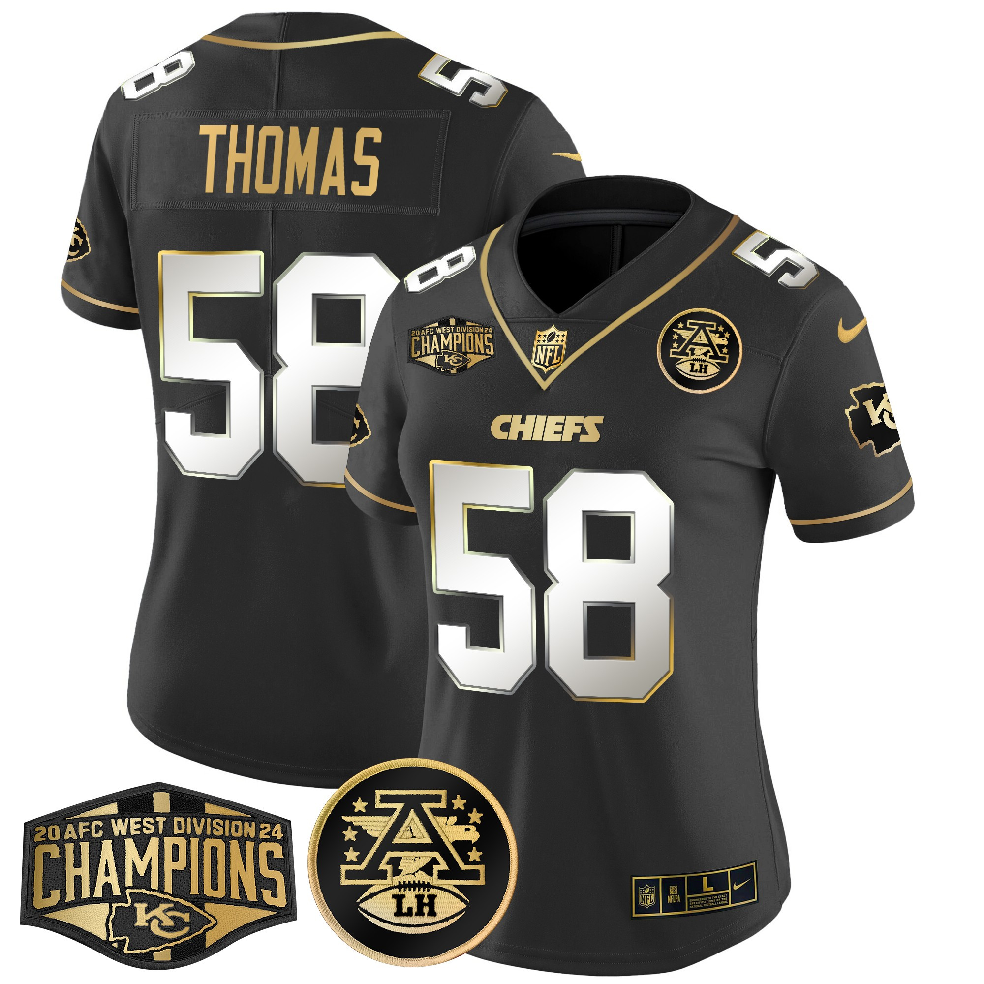 Women's Derrick Thomas Kansas City Chiefs 2024 AFC West Division Champions Patch Gold Vapor Limited Black Limited Jersey - All Stitched