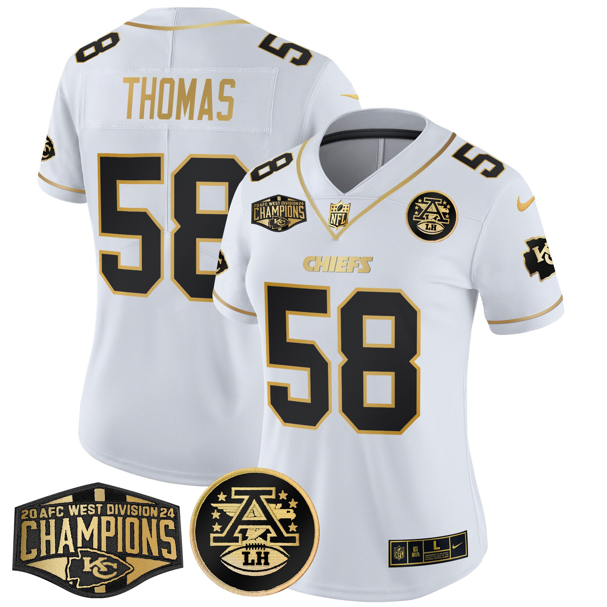 Women's Derrick Thomas Kansas City Chiefs 2024 AFC West Division Champions Patch Gold Vapor Limited White Gold Jersey - All Stitched