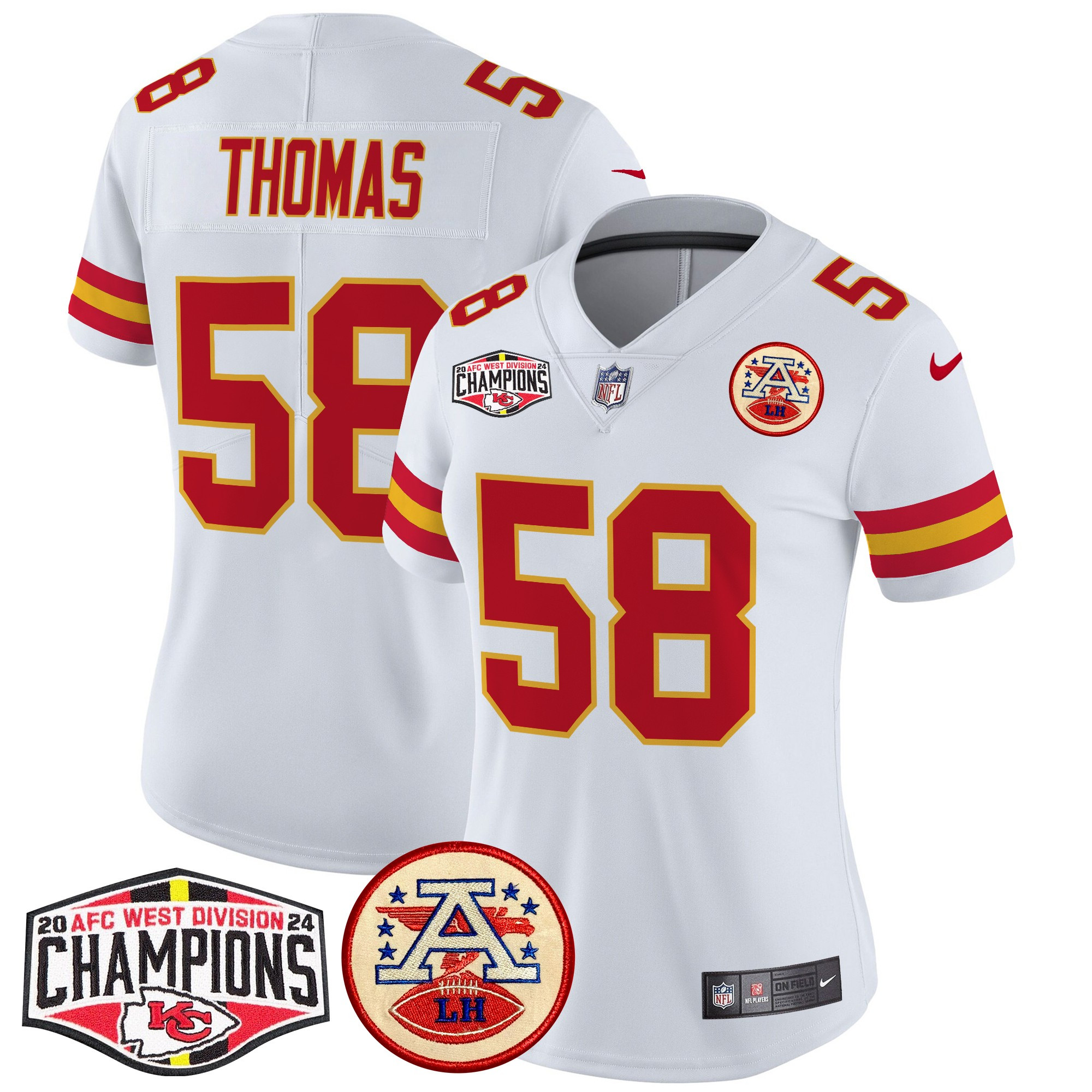 Women's Derrick Thomas Kansas City Chiefs 2024 AFC West Division Champions Patch Vapor Limited White Jersey - All Stitched