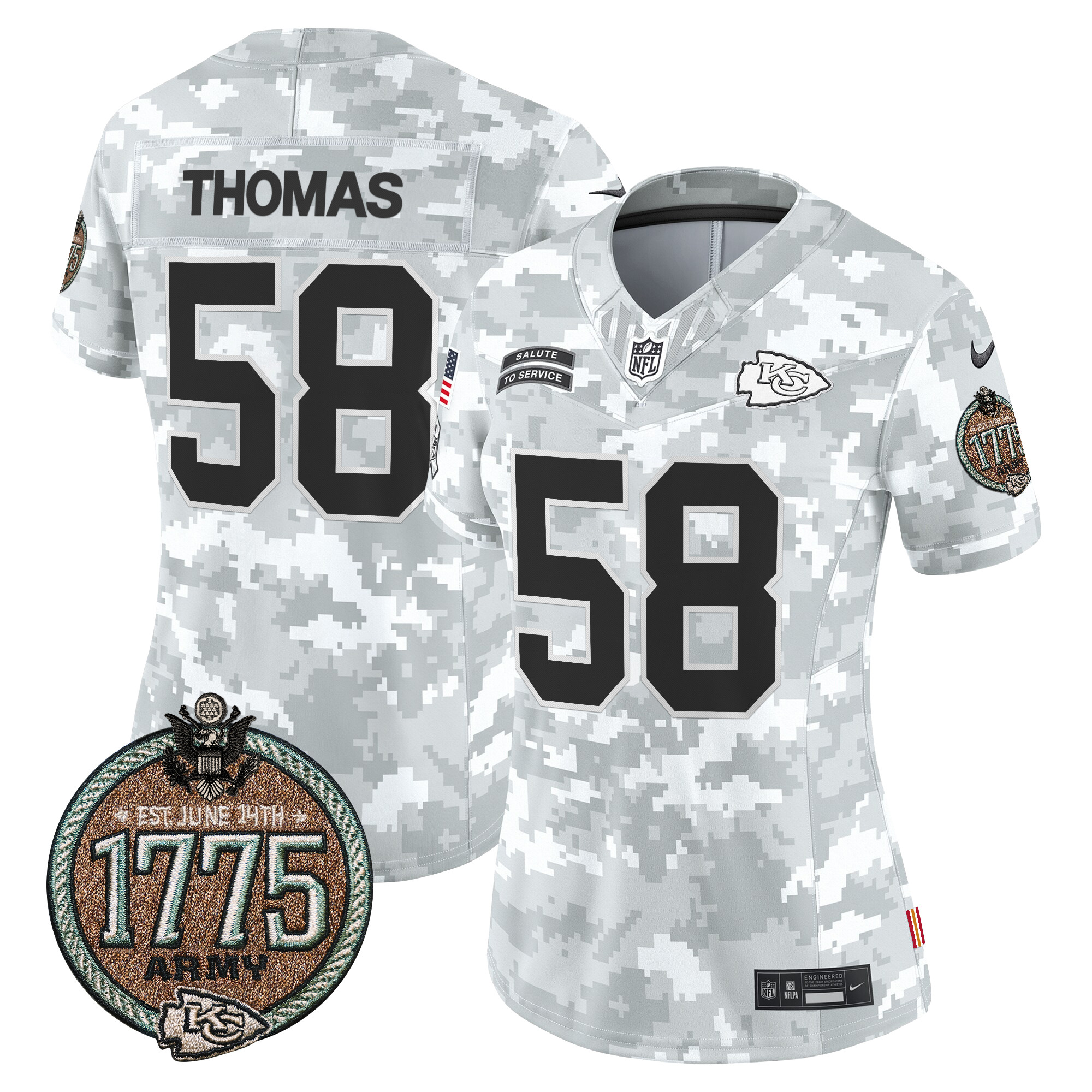 Women's Derrick Thomas Kansas City Chiefs 2024 Salute to Service Establishment Year Patch Vapor Limited Army Jersey - All Stitched