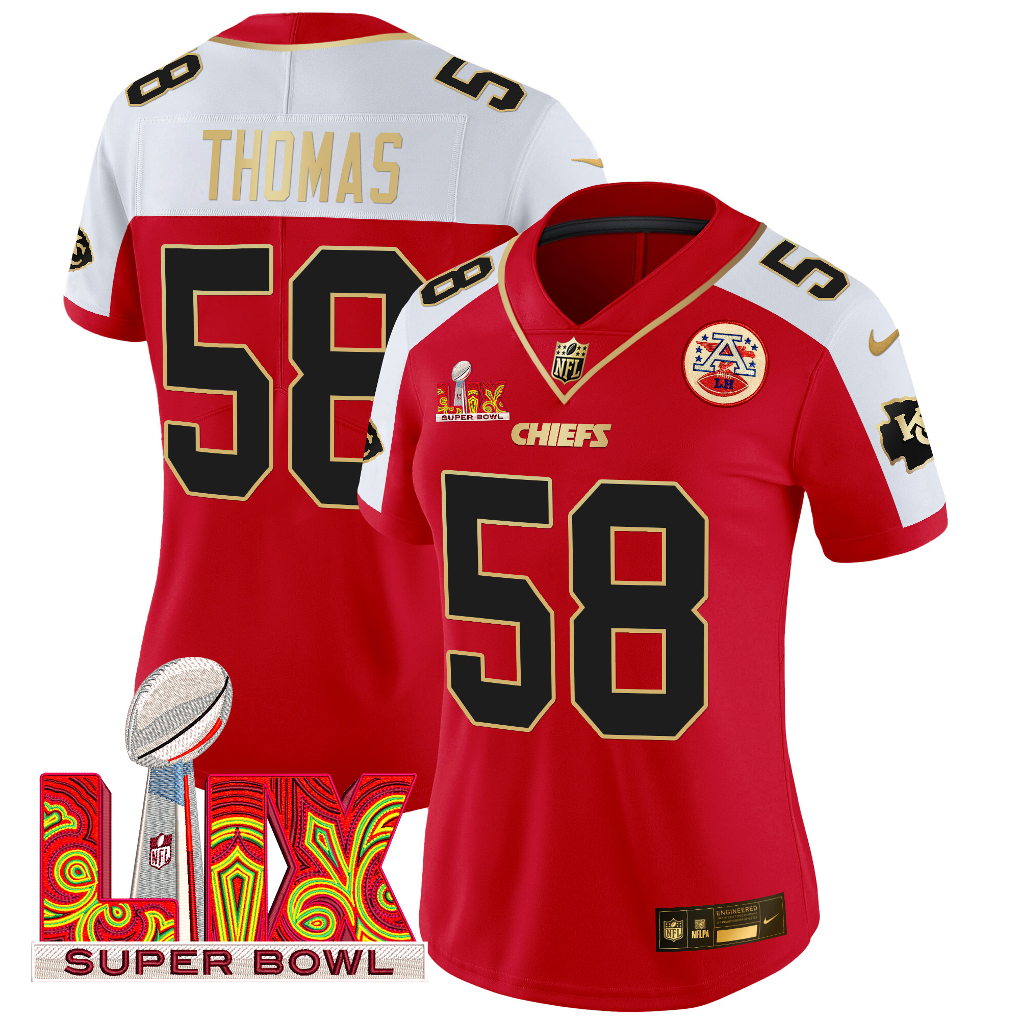 Women's Derrick Thomas Kansas City Chiefs Super Bowl LIX Patch Gold Trim Vapor Limited Red Alternate Jersey - All Stitched