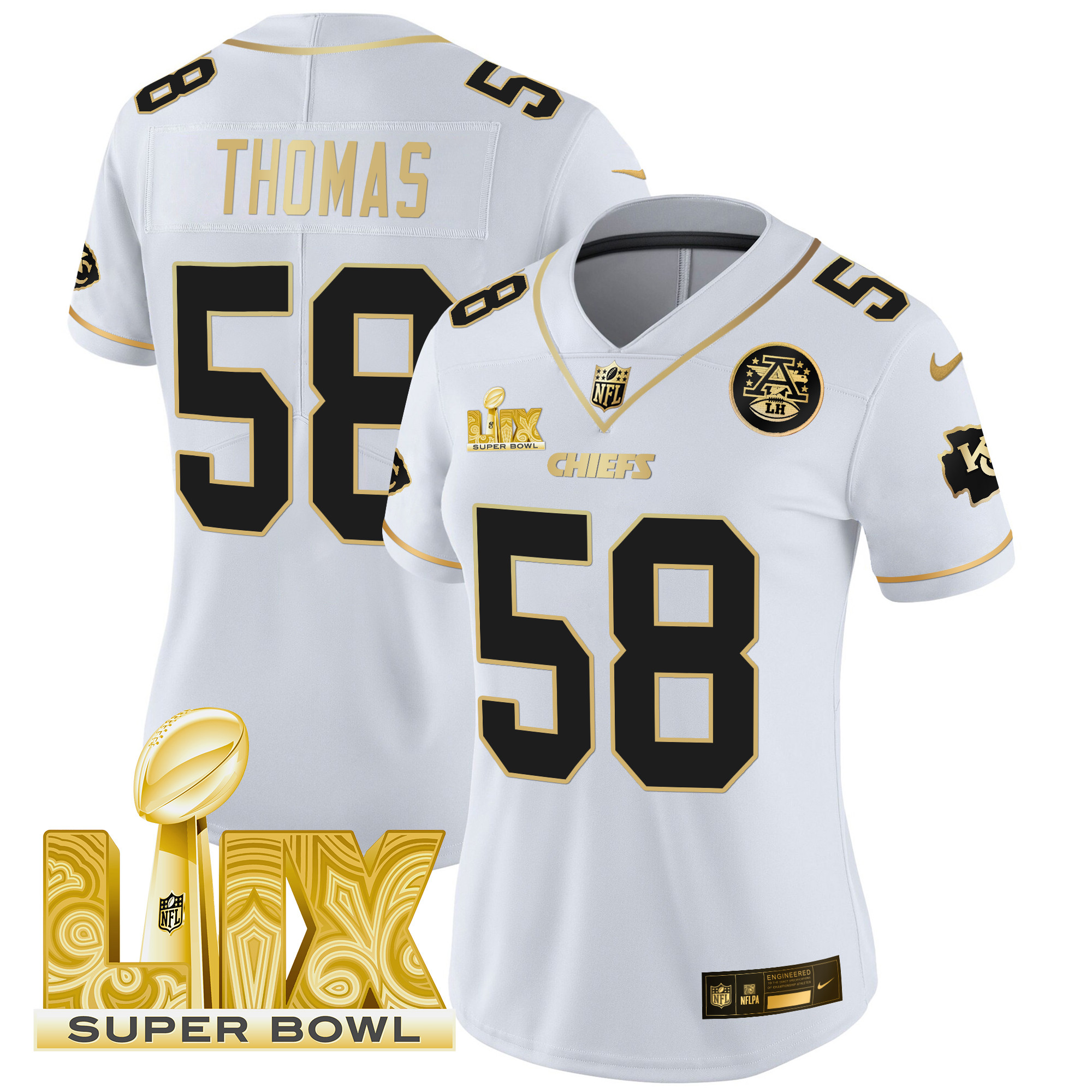 Women's Derrick Thomas Kansas City Chiefs Super Bowl LIX Patch Gold Vapor Limited White Gold Jersey - All Stitched