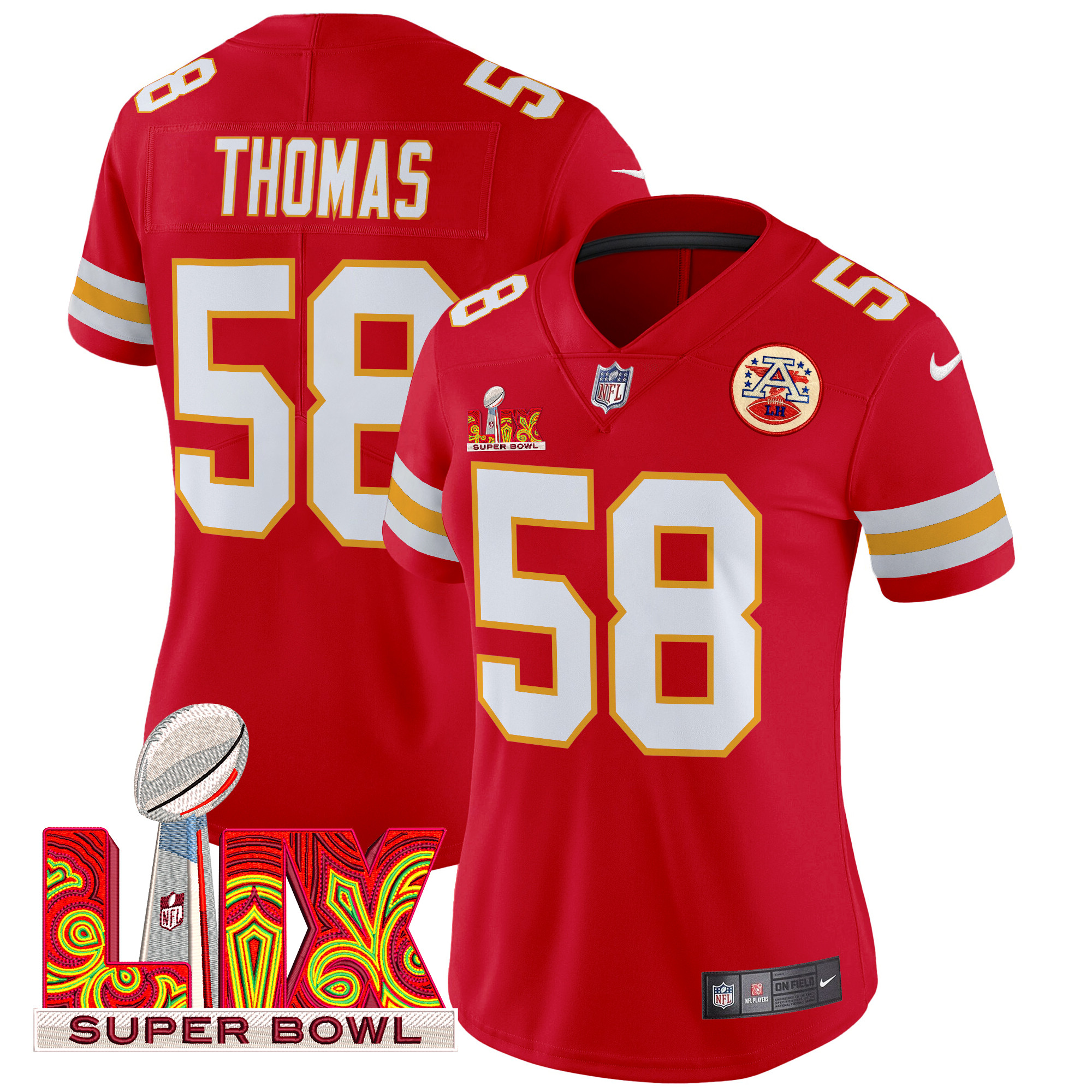 Women's Derrick Thomas Kansas City Chiefs Super Bowl LIX Patch Vapor Limited Red Jersey - All Stitched