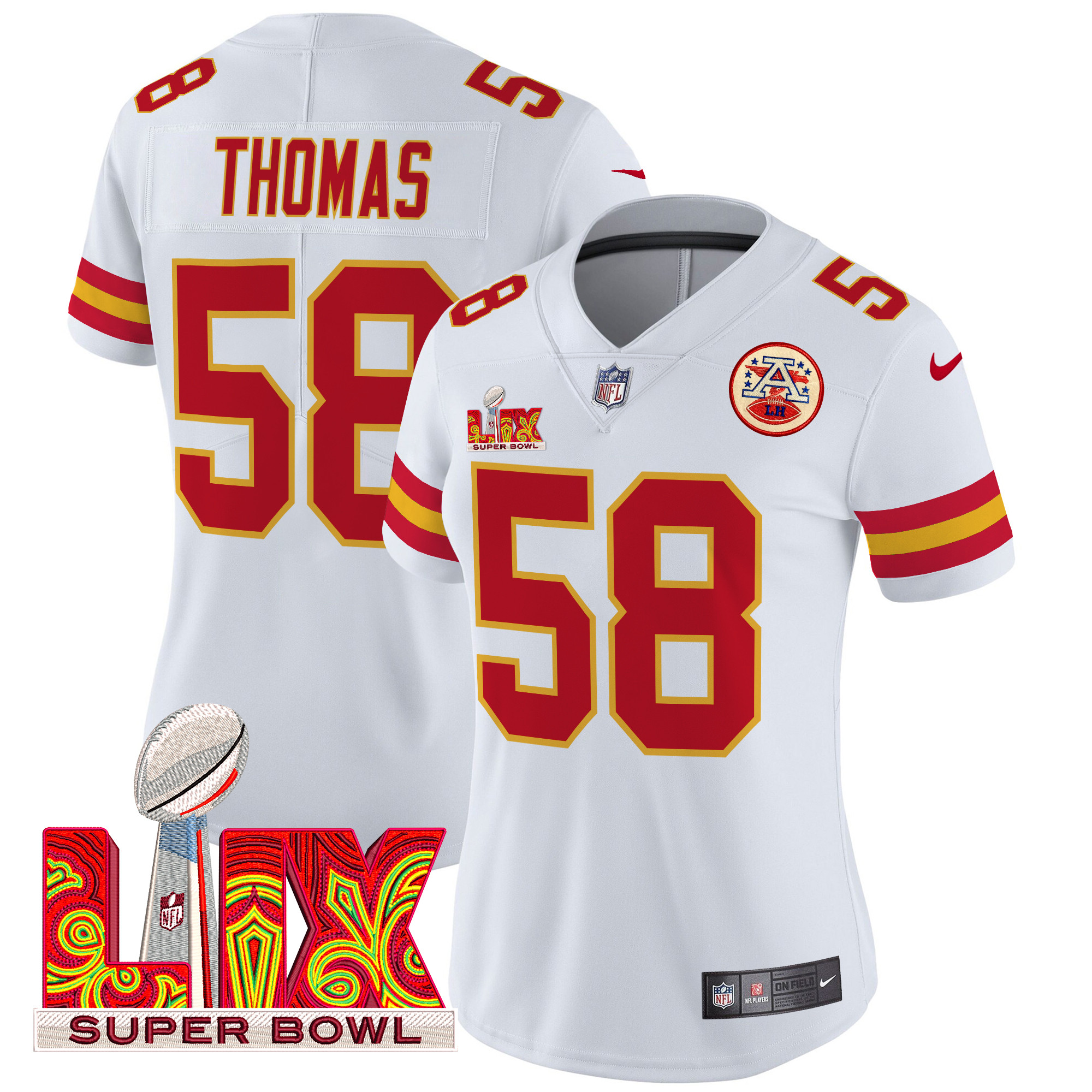 Women's Derrick Thomas Kansas City Chiefs Super Bowl LIX Patch Vapor Limited White Jersey - All Stitched