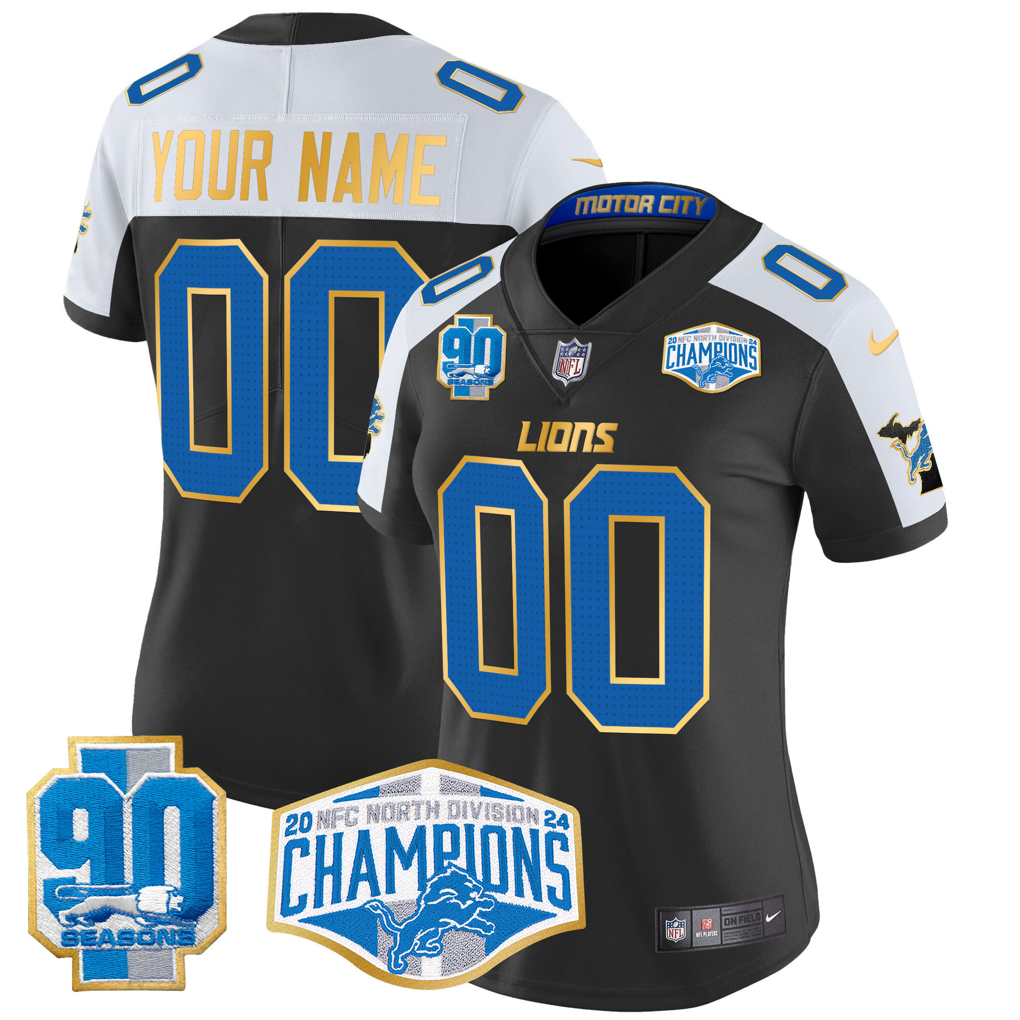 Women's Detroit Lions 2024 NFC North Division Champions Patch Gold Trim Vapor Limited Custom Black Alternate Jersey - All Stitched