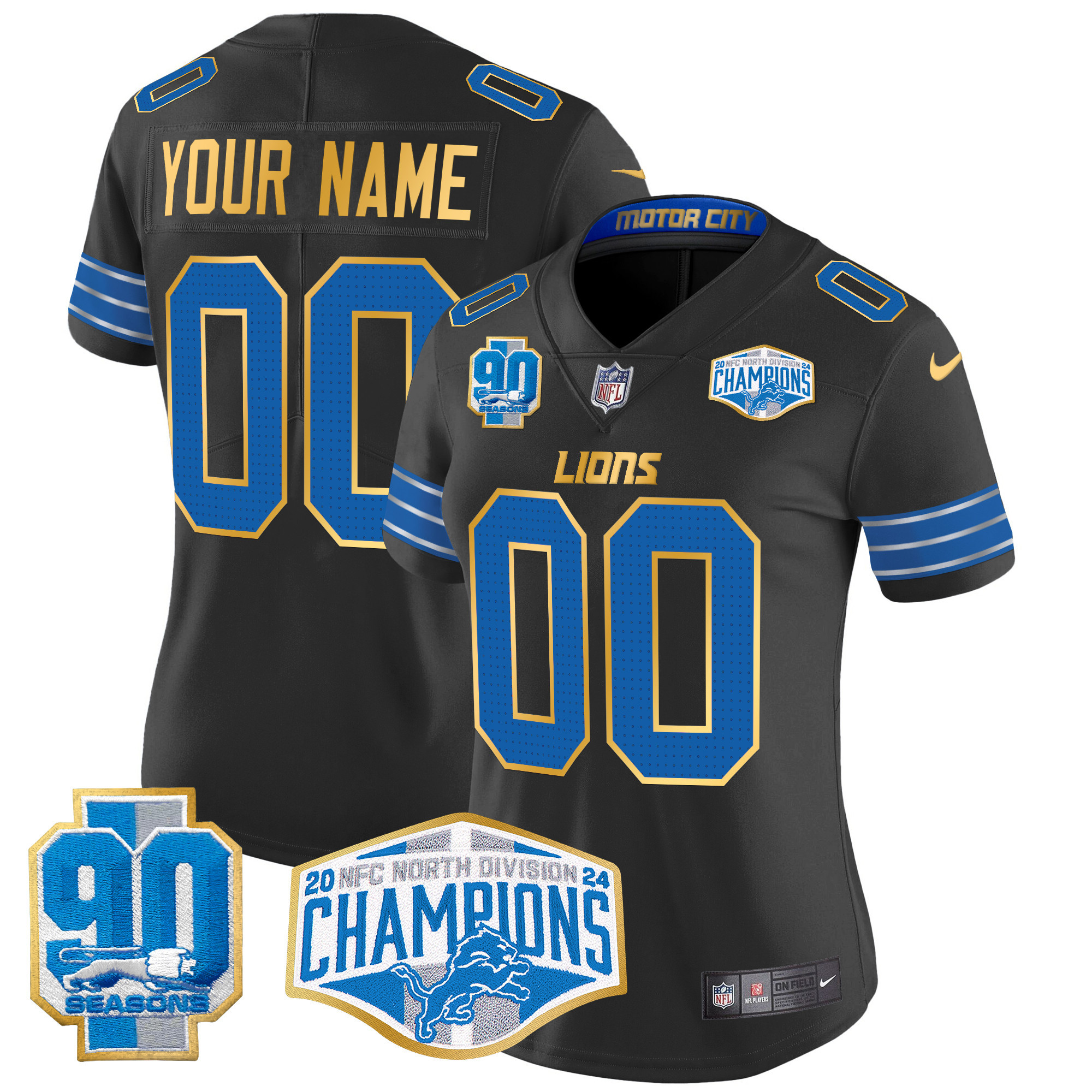 Women's Detroit Lions 2024 NFC North Division Champions Patch Gold Trim Vapor Limited Custom Black Jersey - All Stitched