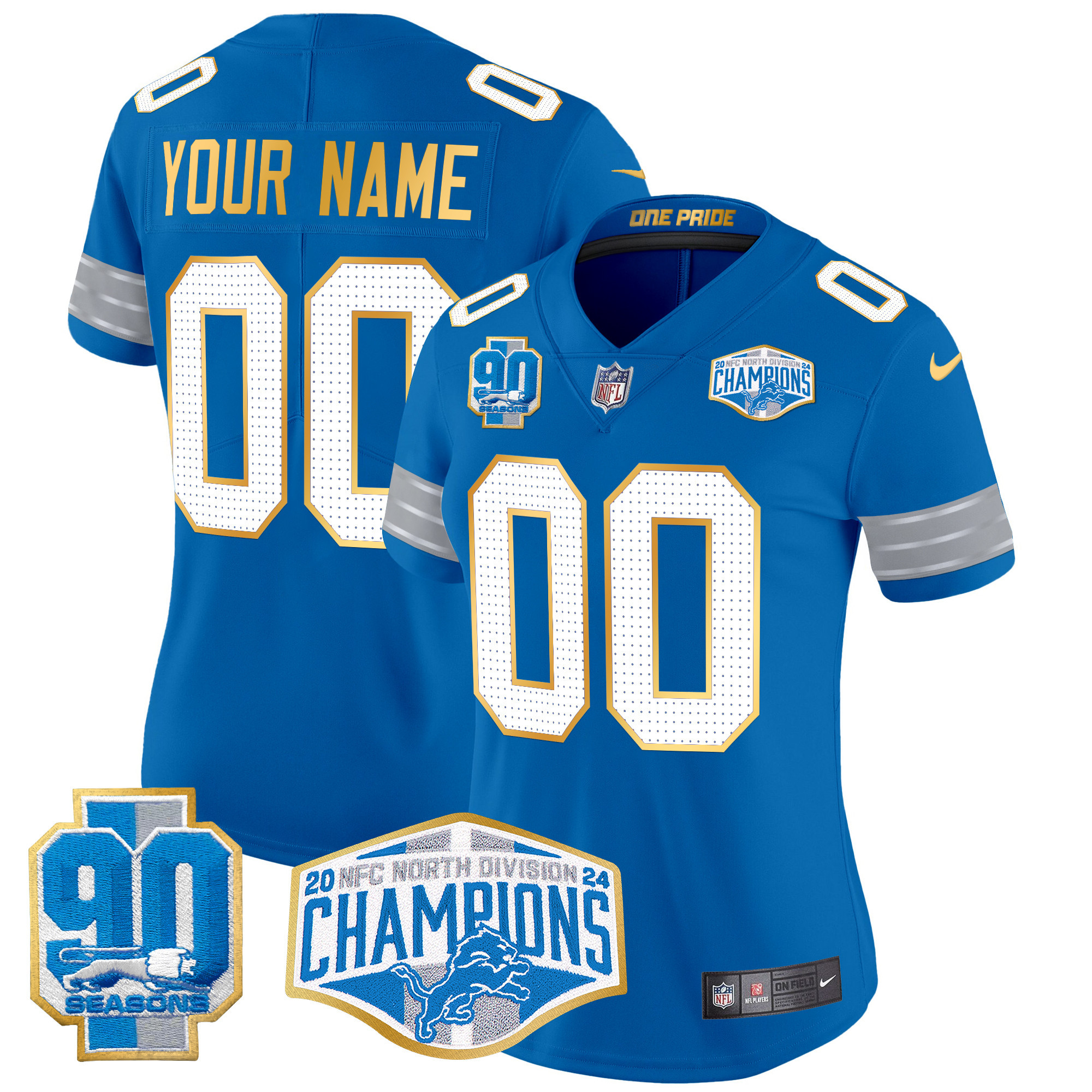 Women's Detroit Lions 2024 NFC North Division Champions Patch Gold Trim Vapor Limited Custom Blue Jersey - All Stitched