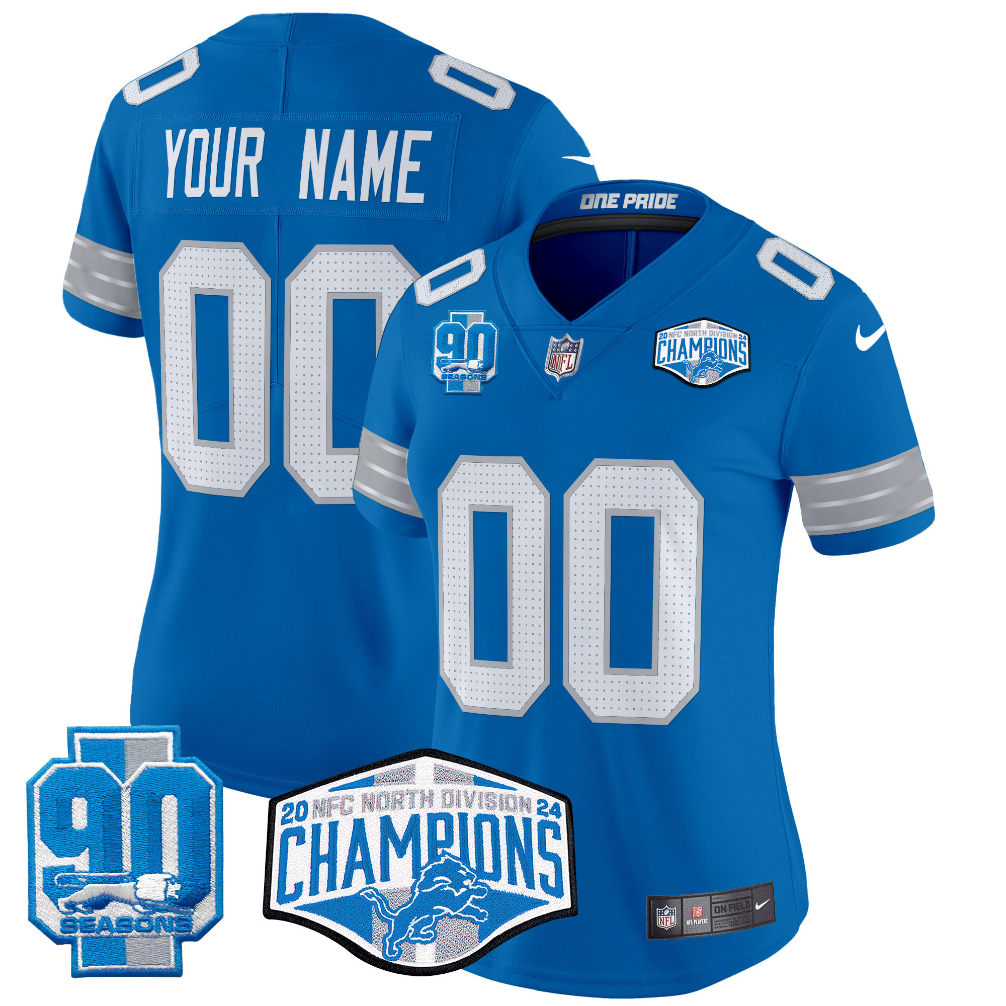 Women's Detroit Lions 2024 NFC North Division Champions Patch Vapor Limited Custom Blue Jersey - All Stitched