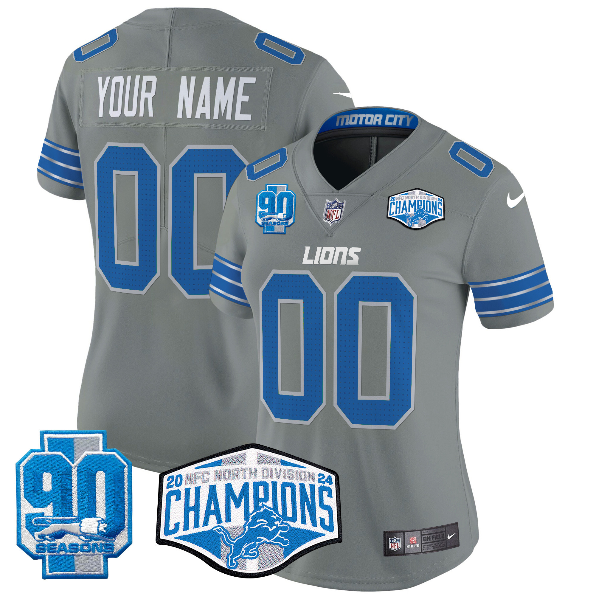 Women's Detroit Lions 2024 NFC North Division Champions Patch Vapor Limited Custom Gray Jersey - All Stitched