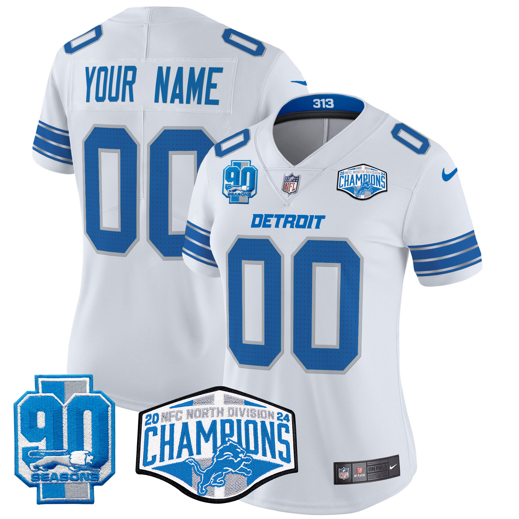Women's Detroit Lions 2024 NFC North Division Champions Patch Vapor Limited Custom White Jersey - All Stitched
