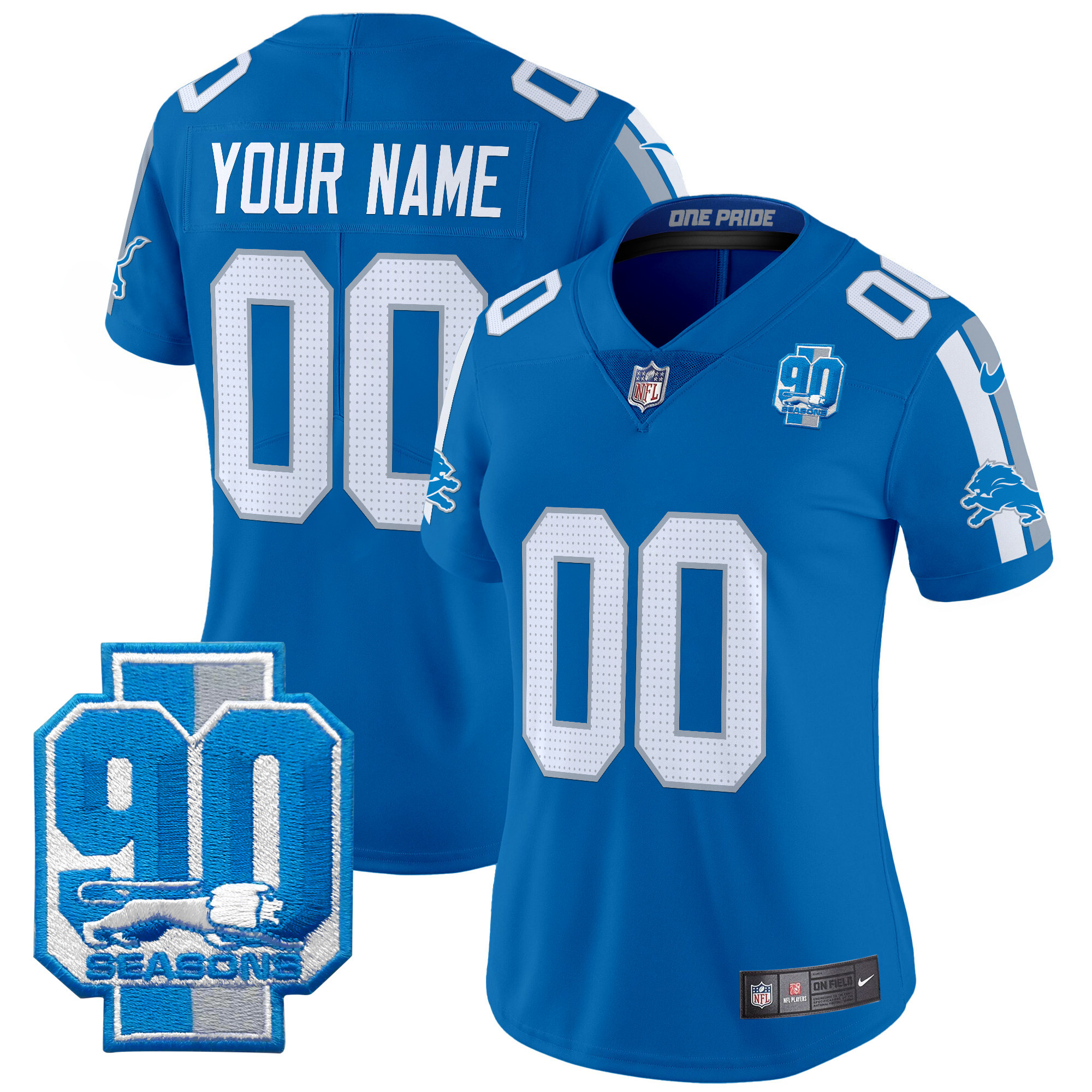 Women's Detroit Lions 90th Year Patch Vapor Limited Custom Blue Jersey - All Stitched