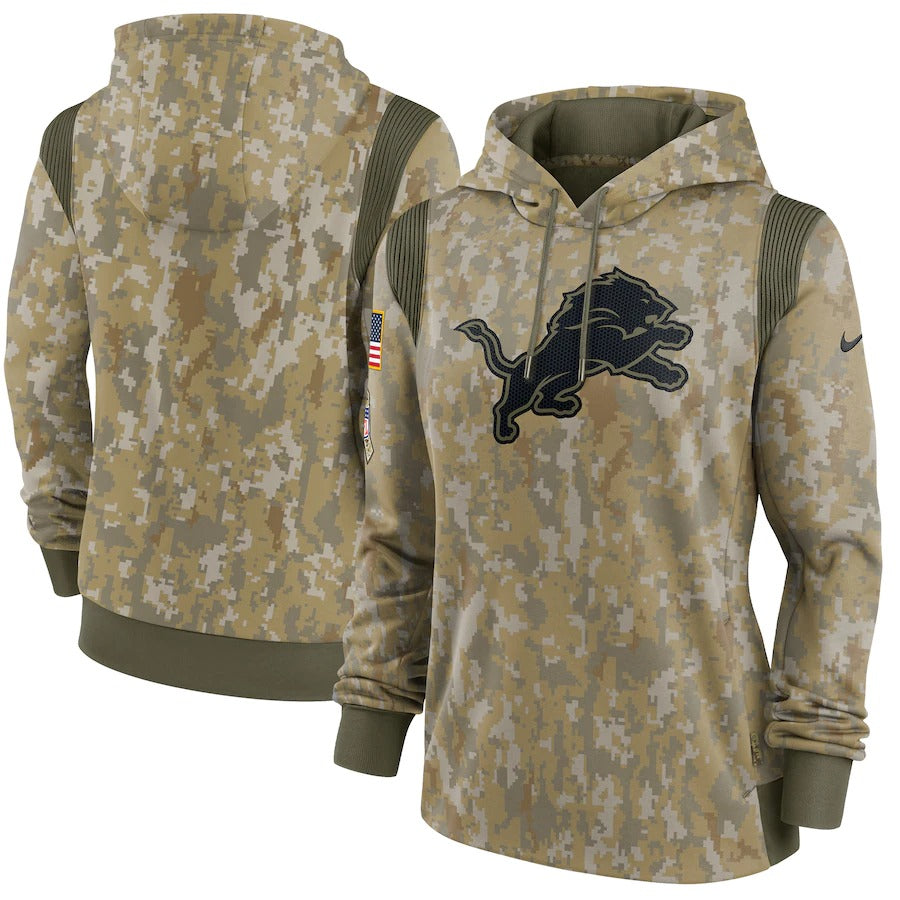 Women’s Detroit Lions Nike Olive 2021 Salute To Service Therma Performance Pullover Hoodie