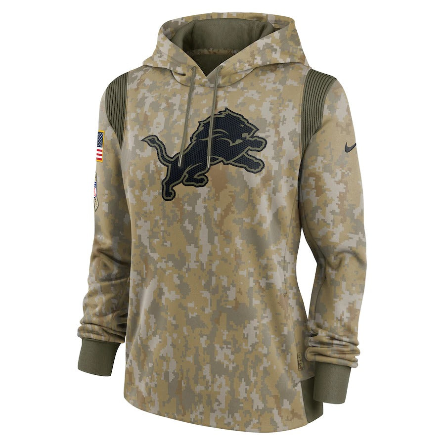 Women’s Detroit Lions Nike Olive 2021 Salute To Service Therma Performance Pullover Hoodie