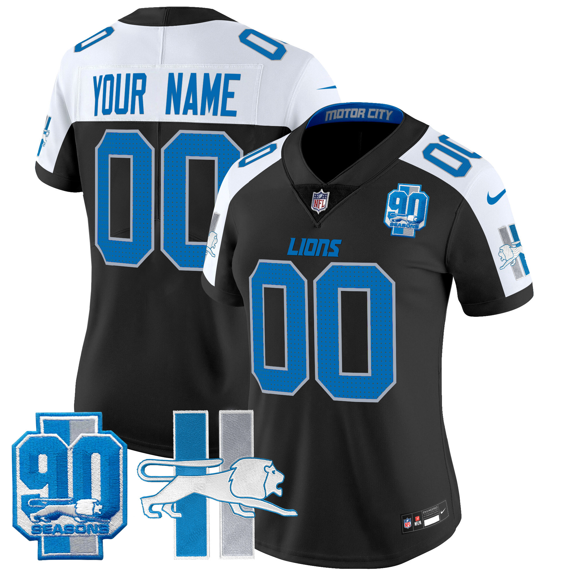 Women's Detroit Lions Throwback 90th Year Patch Vapor Limited Custom Black Alternate Jersey - All Stitched