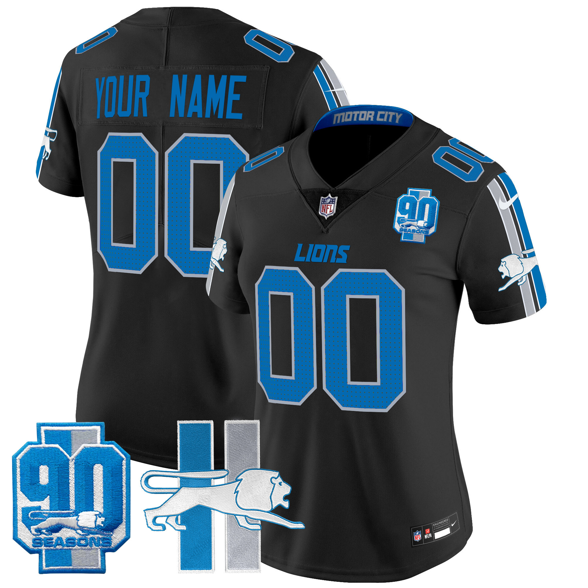 Women's Detroit Lions Throwback 90th Year Patch Vapor Limited Custom Black Jersey - All Stitched