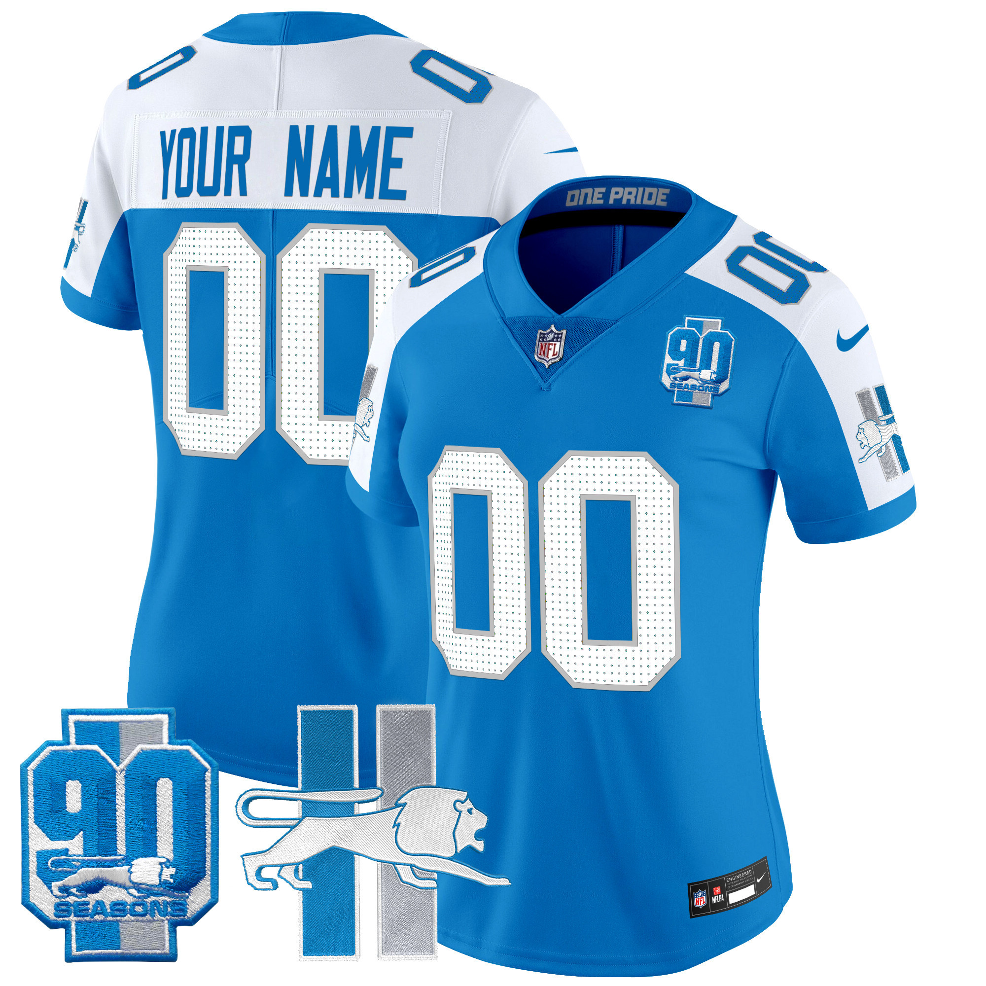 Women's Detroit Lions Throwback 90th Year Patch Vapor Limited Custom Blue Alternate Jersey - All Stitched