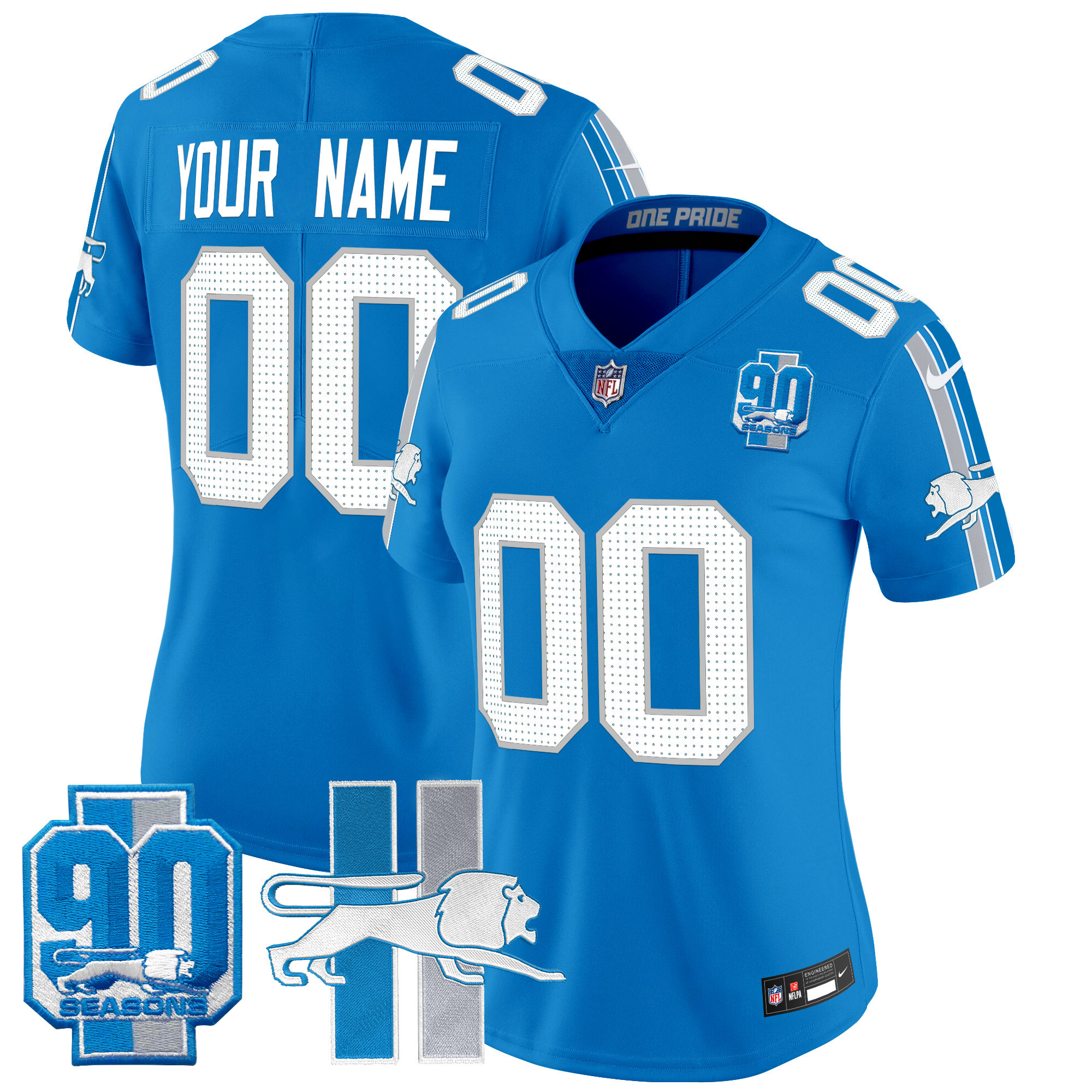 Women's Detroit Lions Throwback 90th Year Patch Vapor Limited Custom Blue Jersey - All Stitched