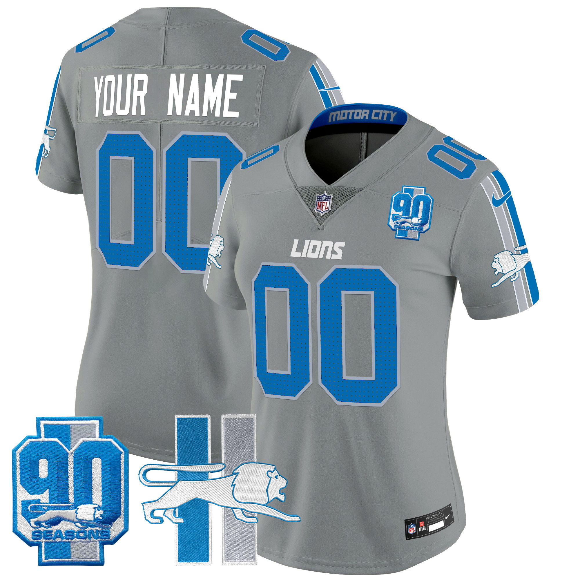 Women's Detroit Lions Throwback 90th Year Patch Vapor Limited Custom Gray Jersey - All Stitched