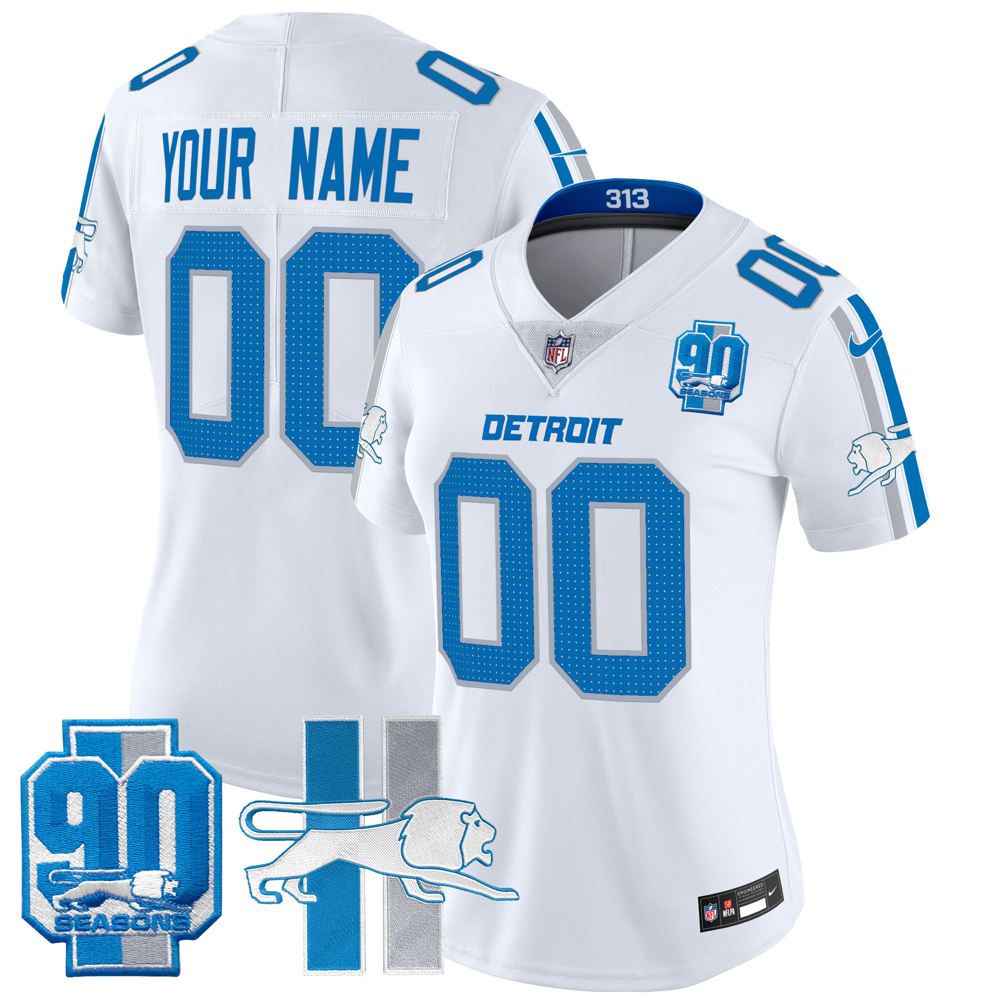Women's Detroit Lions Throwback 90th Year Patch Vapor Limited Custom White Jersey - All Stitched