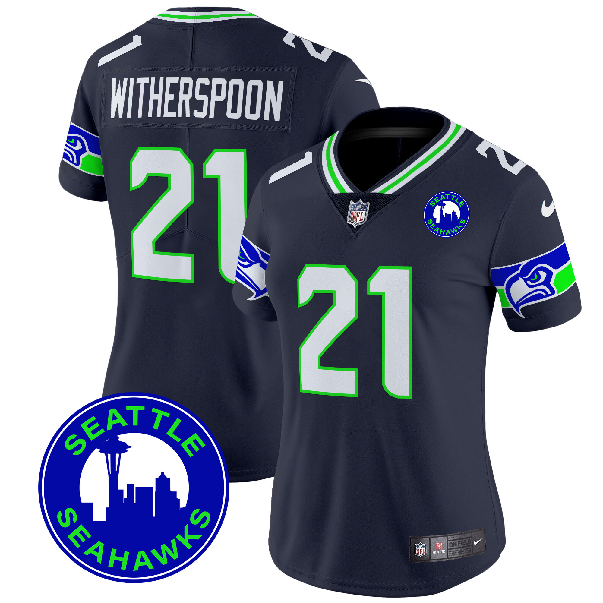 Women's Devon Witherspoon Seattle Seahawks 2024 Seattle City Patch Vapor Limited Navy Jersey - All Stitched