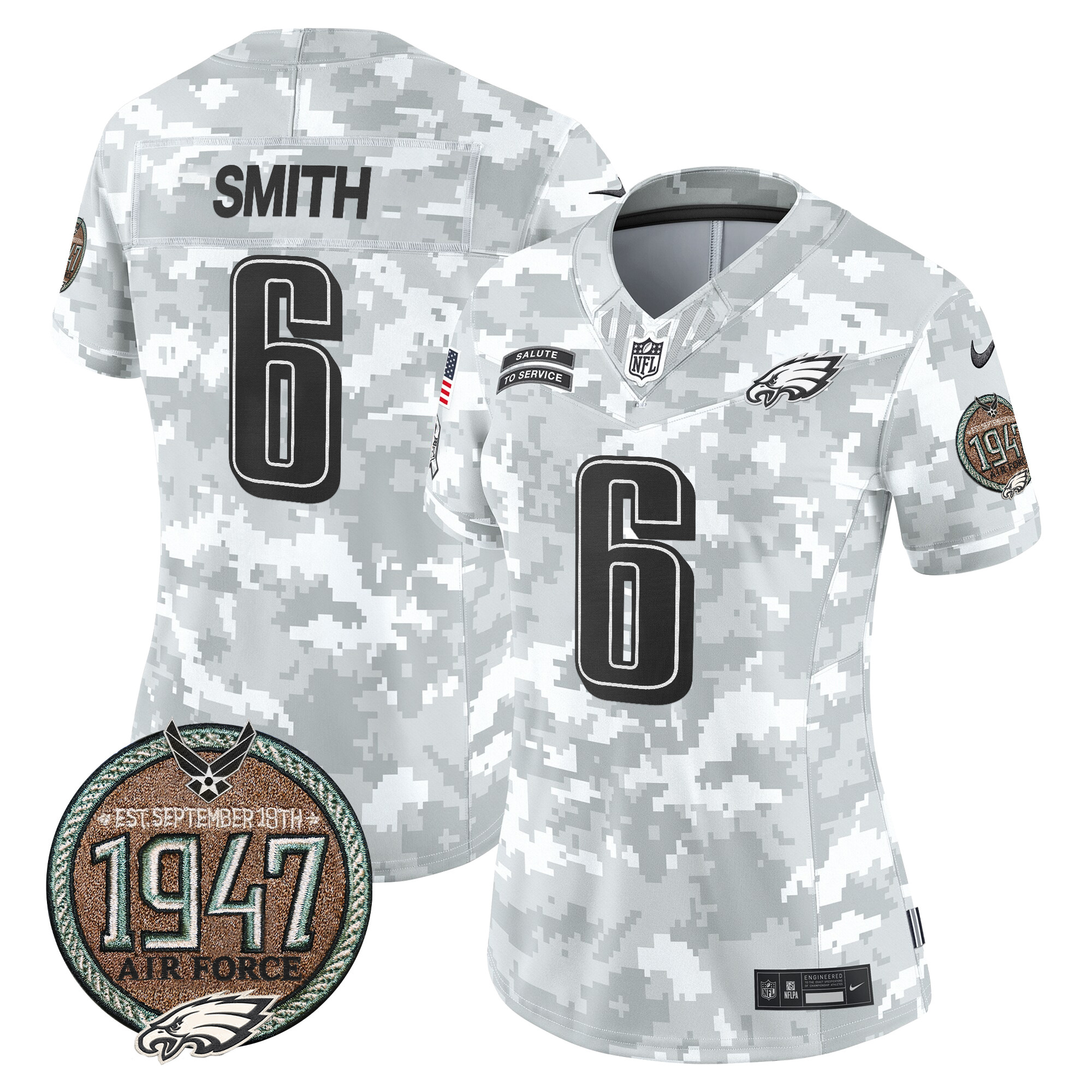Women's DeVonta Smith Philadelphia Eagles 2024 Salute to Service Establishment Year Patch Vapor Limited Air Force Jersey - All Stitched