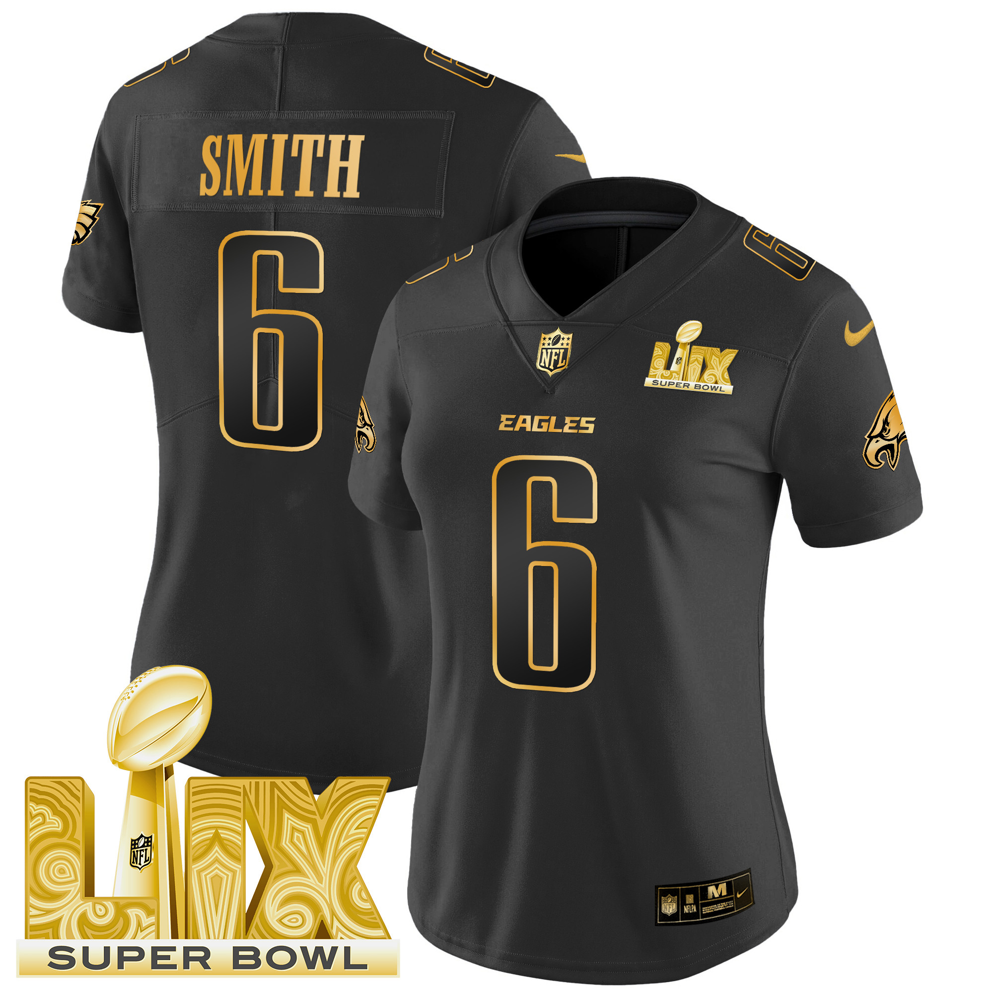 Women's DeVonta Smith Philadelphia Eagles Super Bowl LIX Patch Gold Vapor Limited Black Gold Jersey - All Stitched
