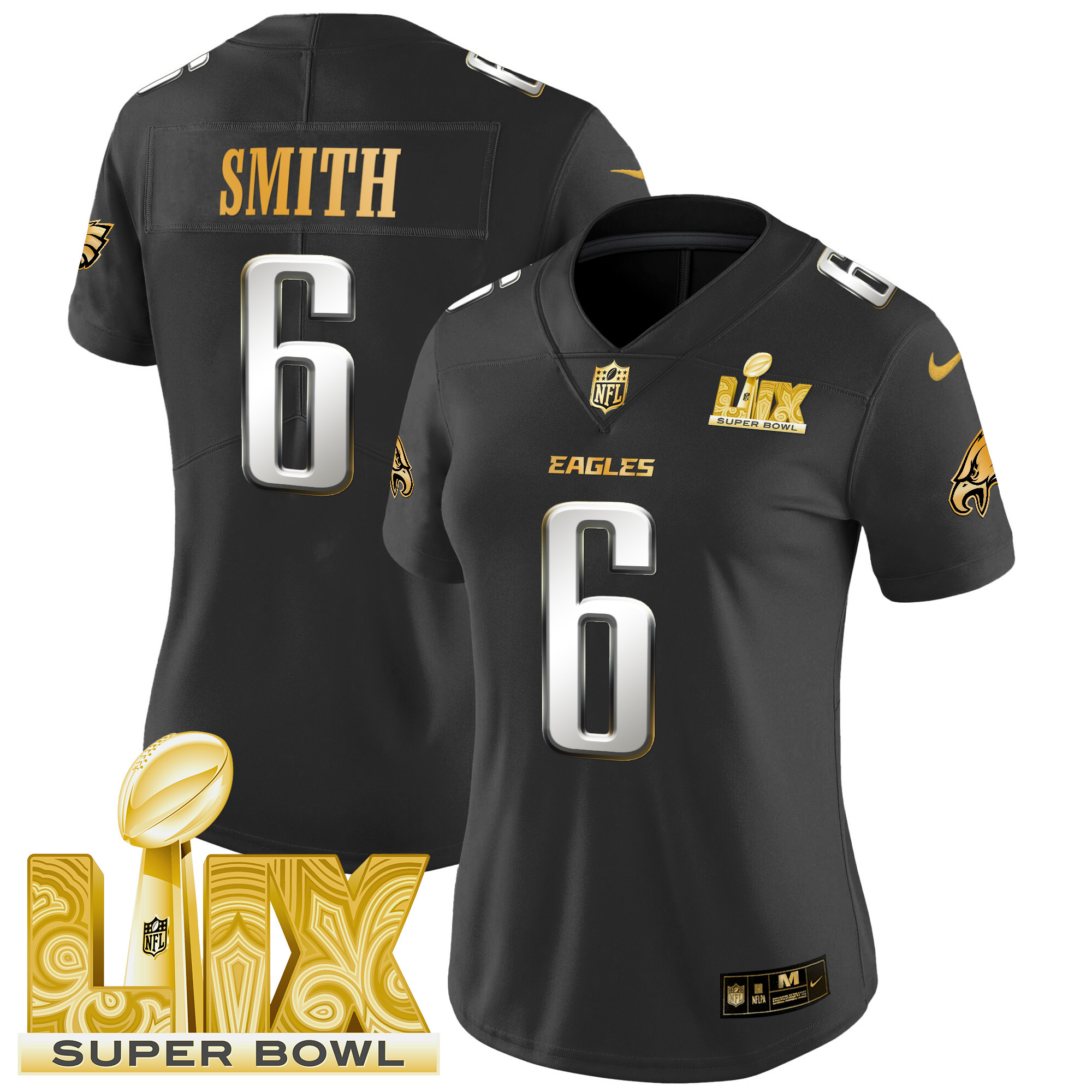 Women's DeVonta Smith Philadelphia Eagles Super Bowl LIX Patch Gold Vapor Limited Black Limited Jersey - All Stitched