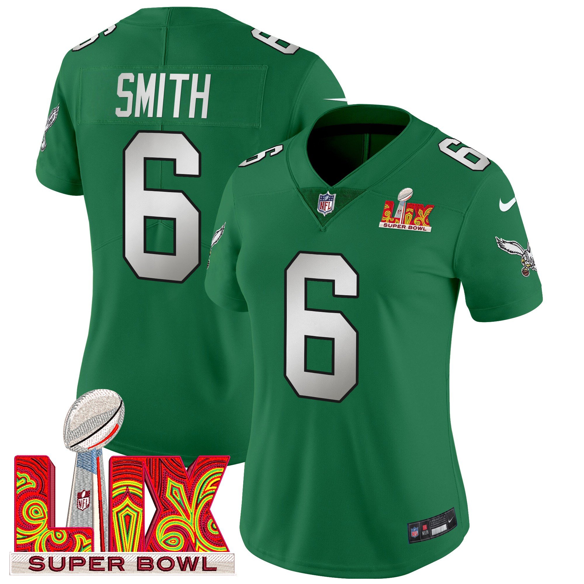 Women's DeVonta Smith Philadelphia Eagles Super Bowl LIX Patch Vapor Limited Kelly Green Jersey - All Stitched