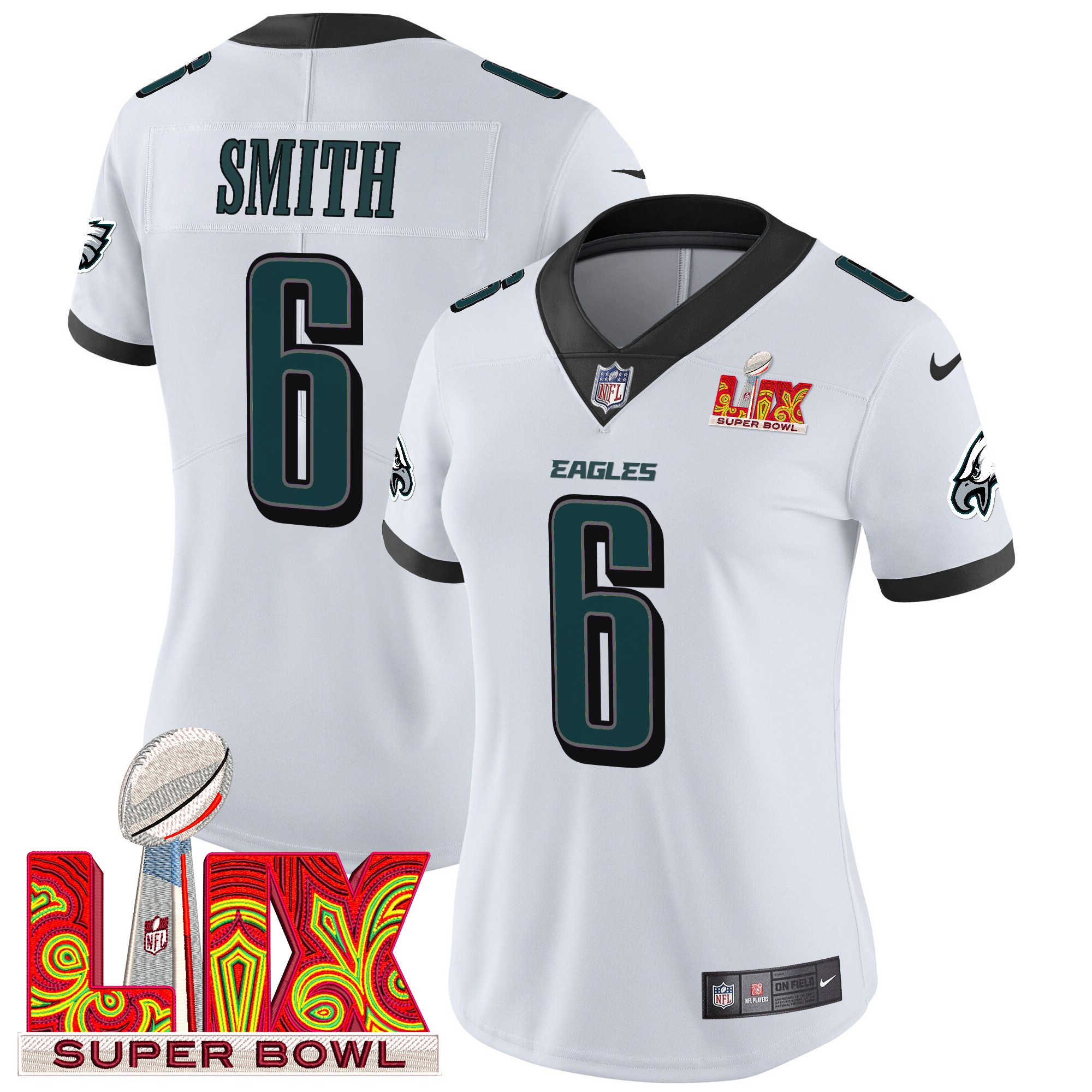 Women's DeVonta Smith Philadelphia Eagles Super Bowl LIX Patch Vapor Limited White Jersey - All Stitched